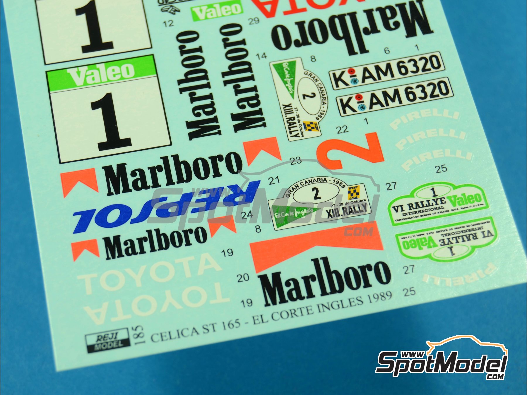 Image 7: Toyota Celica GT-Four ST165 patrocinado por Marlboro - Rally El Corte Ingles Islas Canarias, Rallye Valeo 1989 | Decoraci&oacute;n en escala&nbsp;1/24 fabricado por Reji Model (ref.&nbsp;REJI-185, tambien 185)