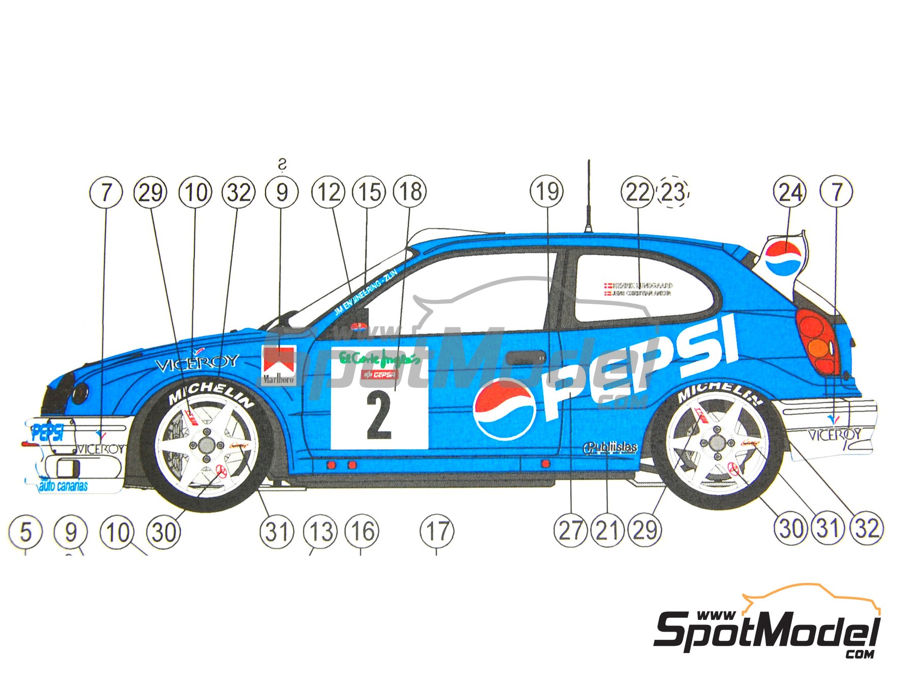 Image 1: Toyota Corolla WRC patrocinado por Pepsi - Rally El Corte Ingles Islas Canarias 2001 | Decoraci&oacute;n en escala&nbsp;1/24 fabricado por Reji Model (ref.&nbsp;REJI-186, tambien 186)