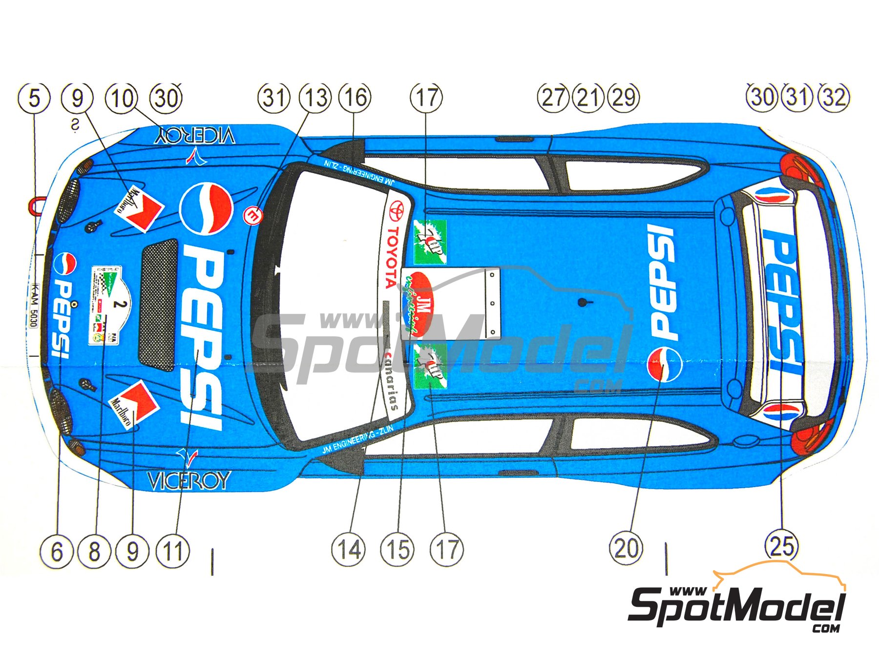 Image 2: Toyota Corolla WRC patrocinado por Pepsi - Rally El Corte Ingles Islas Canarias 2001 | Decoraci&oacute;n en escala&nbsp;1/24 fabricado por Reji Model (ref.&nbsp;REJI-186, tambien 186)