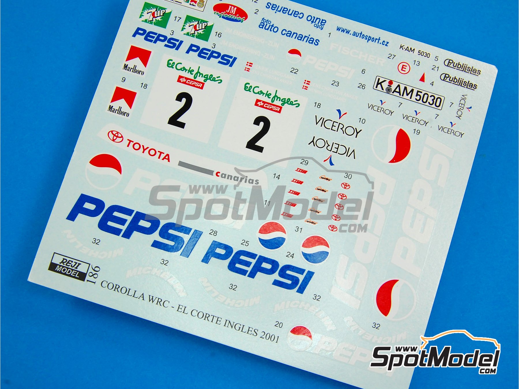 Image 5: Toyota Corolla WRC patrocinado por Pepsi - Rally El Corte Ingles Islas Canarias 2001 | Decoraci&oacute;n en escala&nbsp;1/24 fabricado por Reji Model (ref.&nbsp;REJI-186, tambien 186)