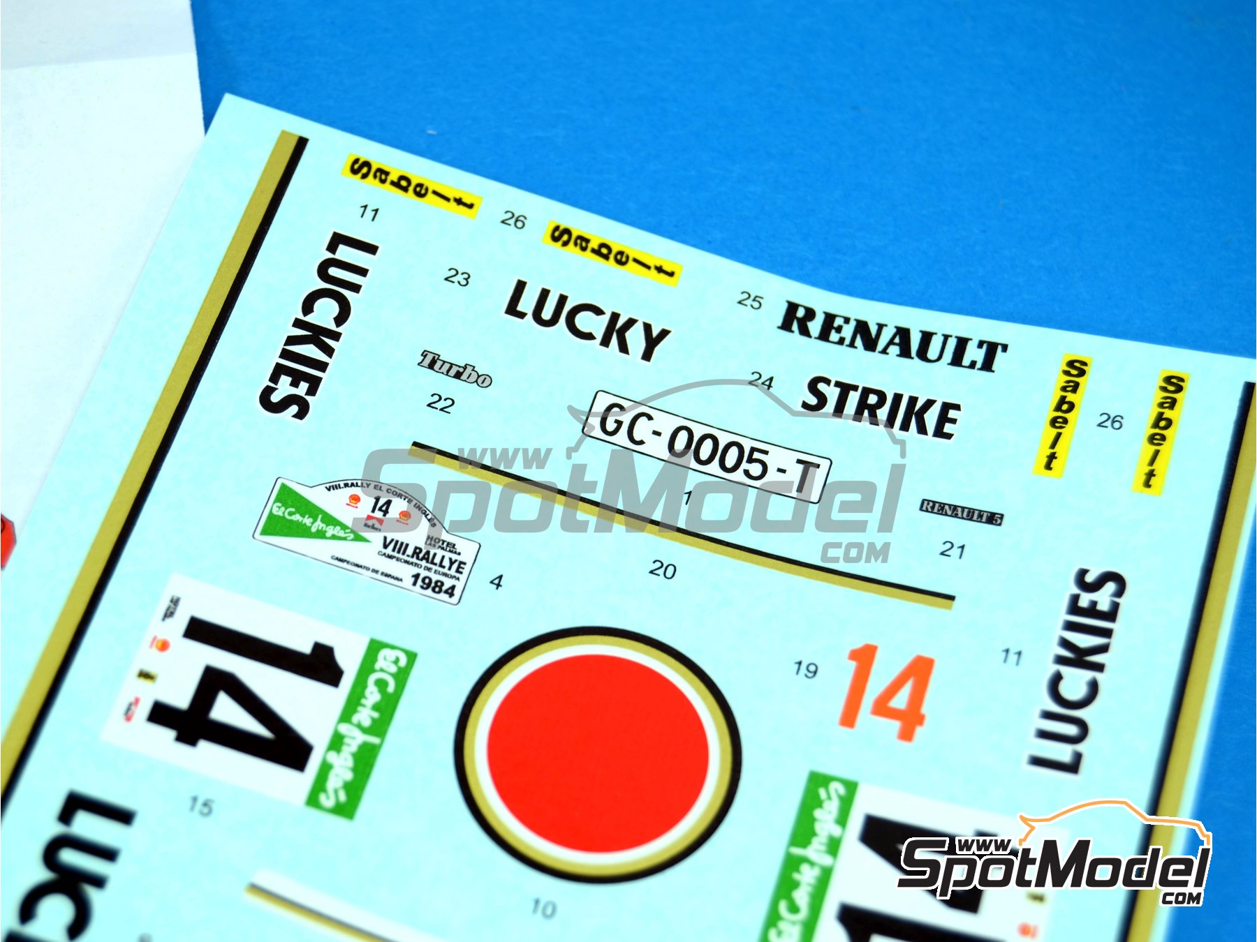 Image 3: Renault 5 Turbo sponsored by Lucky Strike - El Corte Ingles Rally Islas Canarias 1984 | Marking / livery in 1/24 scale manufactured by Reji Model (ref.&nbsp;REJI-214, also 214)