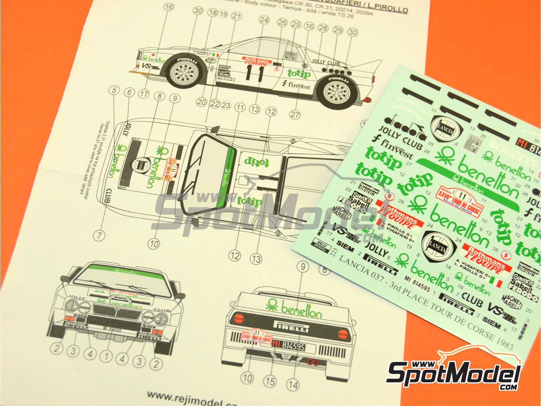 Image 2: Lancia 037 Rally sponsored by Totip Benetton - Tour de Corse 1983 | Marking / livery in 1/24 scale manufactured by Reji Model (ref.&nbsp;REJI-223, also 223)