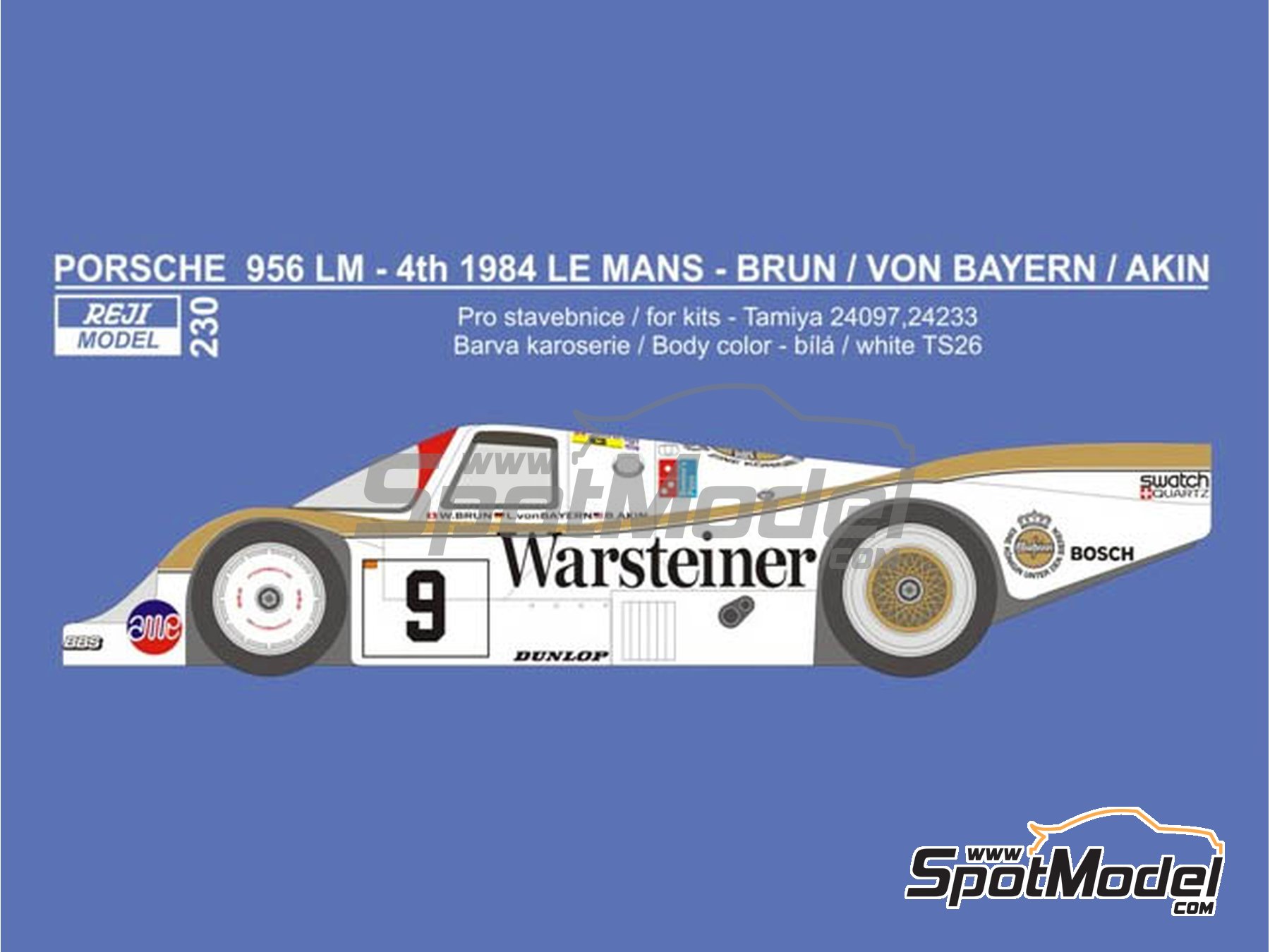 Image 1: Porsche 956 Brun Motorsport Team sponsored by Warsteiner - 24 Hours Le Mans 1984 | Marking / livery in 1/24 scale manufactured by Reji Model (ref.&nbsp;REJI-230, also 230)