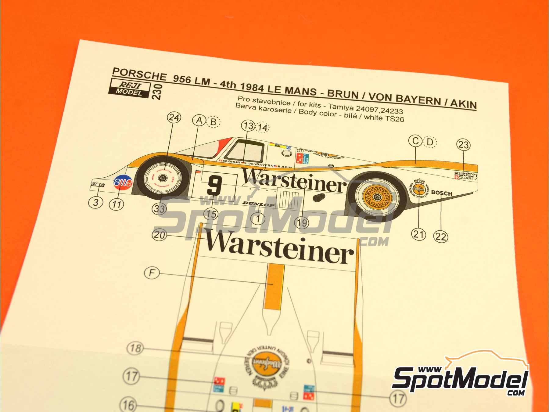 Image 2: Porsche 956 Brun Motorsport Team sponsored by Warsteiner - 24 Hours Le Mans 1984 | Marking / livery in 1/24 scale manufactured by Reji Model (ref.&nbsp;REJI-230, also 230)