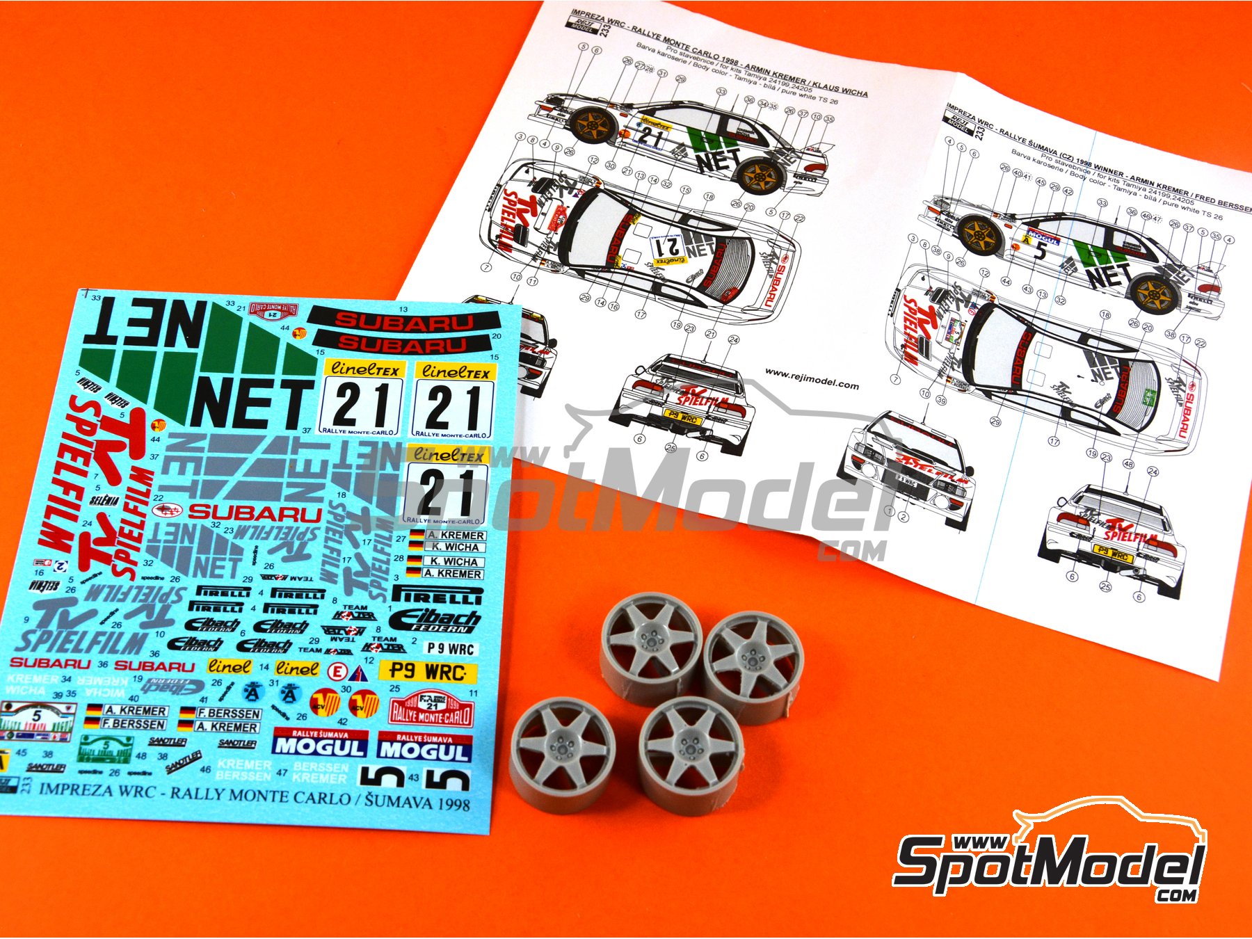 Image 2: Subaru Impreza WRC Subaru Rallye Deutschland Team sponsored by TV Spielfilm - Monte Carlo Rally - Rallye Automobile de Monte-Carlo, Rallye Sumava Mogul 1998 | Marking / livery in 1/24 scale manufactured by Reji Model (ref.&nbsp;REJI-233, also 233)