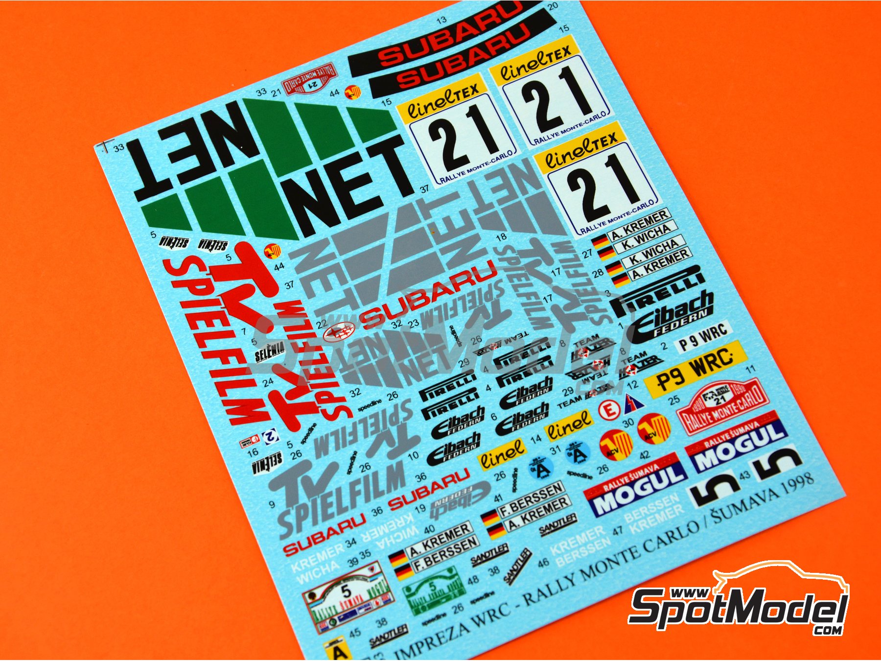 Image 6: Subaru Impreza WRC Subaru Rallye Deutschland Team sponsored by TV Spielfilm - Monte Carlo Rally - Rallye Automobile de Monte-Carlo, Rallye Sumava Mogul 1998 | Marking / livery in 1/24 scale manufactured by Reji Model (ref.&nbsp;REJI-233, also 233)