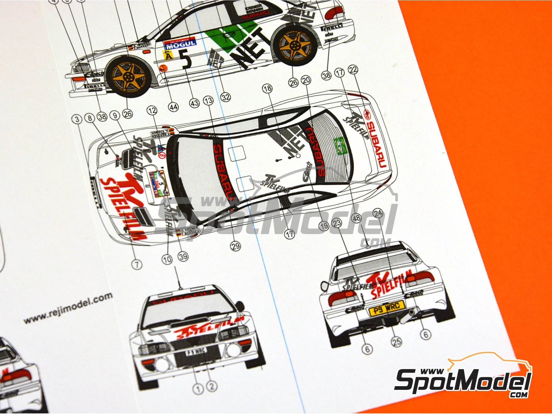 Image 9: Subaru Impreza WRC Subaru Rallye Deutschland Team sponsored by TV Spielfilm - Monte Carlo Rally - Rallye Automobile de Monte-Carlo, Rallye Sumava Mogul 1998 | Marking / livery in 1/24 scale manufactured by Reji Model (ref.&nbsp;REJI-233, also 233)