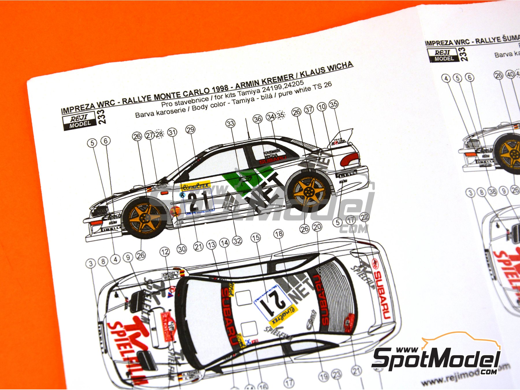 Image 10: Subaru Impreza WRC Subaru Rallye Deutschland Team sponsored by TV Spielfilm - Monte Carlo Rally - Rallye Automobile de Monte-Carlo, Rallye Sumava Mogul 1998 | Marking / livery in 1/24 scale manufactured by Reji Model (ref.&nbsp;REJI-233, also 233)