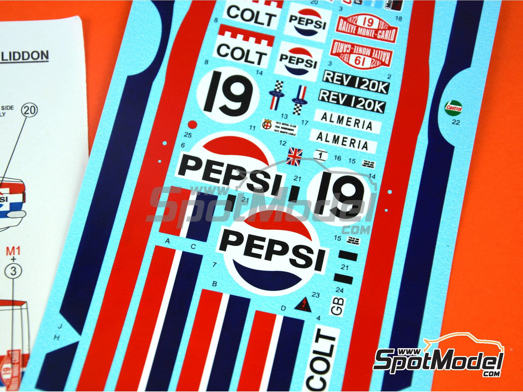 Image 3: Ford Escort Mk. I RS patrocinado por Pepsi - Rally de Monte Carlo - Rallye Automobile de Monte-Carlo 1972 | Decoraci&oacute;n en escala&nbsp;1/24 fabricado por Reji Model (ref.&nbsp;REJI-242, tambien 242)