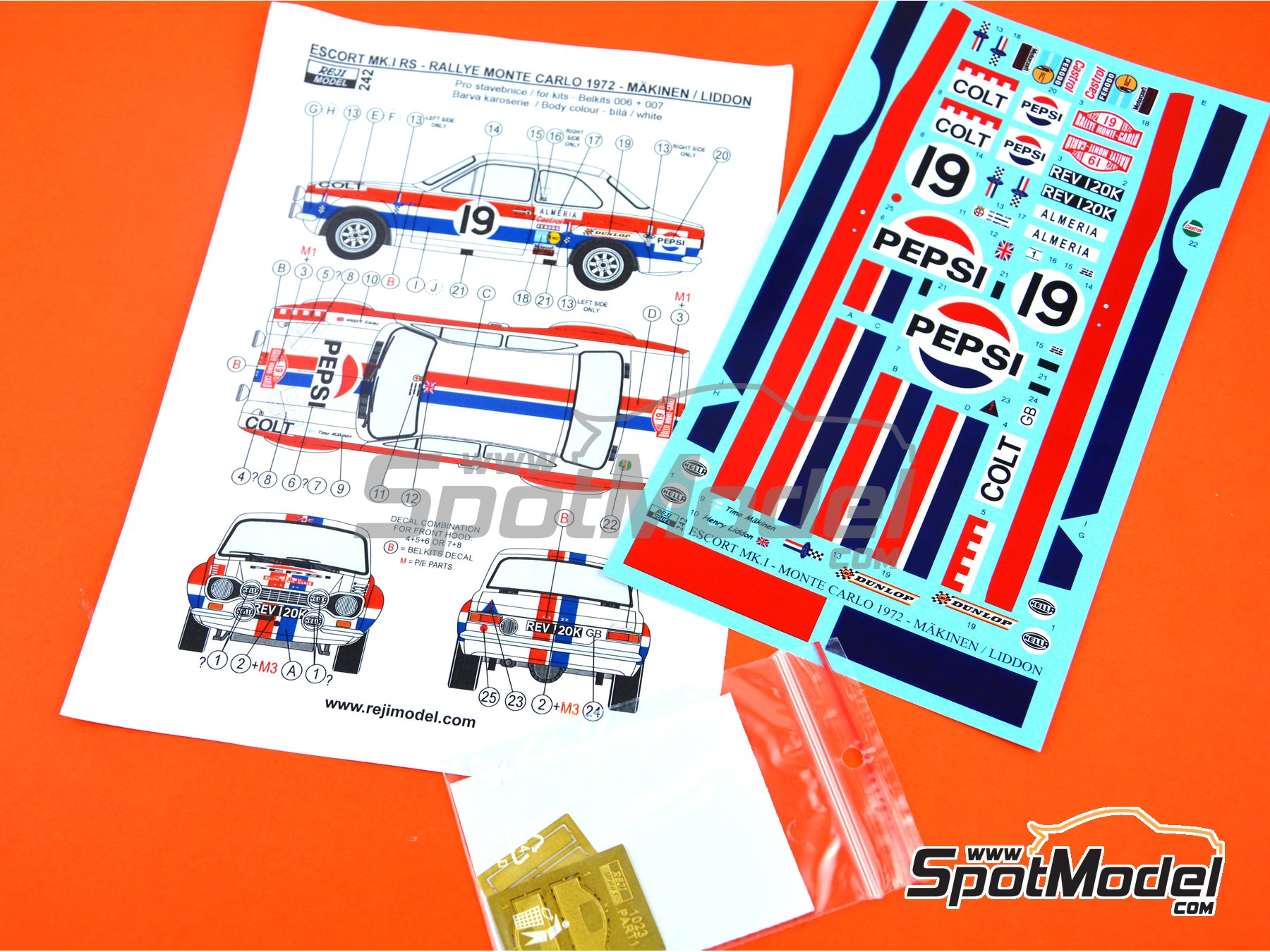 Image 6: Ford Escort Mk. I RS patrocinado por Pepsi - Rally de Monte Carlo - Rallye Automobile de Monte-Carlo 1972 | Decoraci&oacute;n en escala&nbsp;1/24 fabricado por Reji Model (ref.&nbsp;REJI-242, tambien 242)