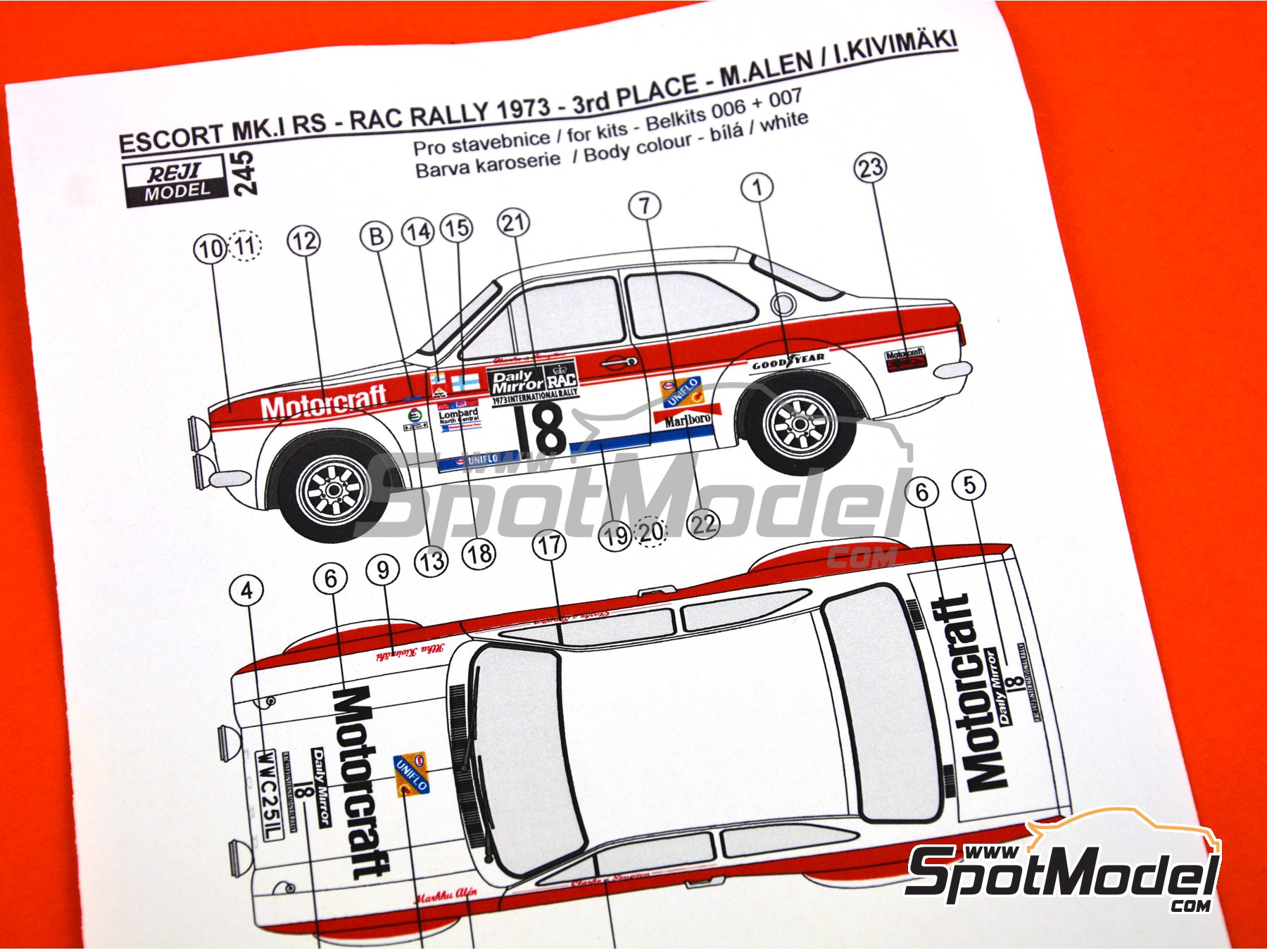 Image 1: Ford Escort RS1600 Mk I RS sponsored by Motorcraft - Great Britain RAC Rally 1973 | Marking / livery in 1/24 scale manufactured by Reji Model (ref.&nbsp;REJI-245, also 245)