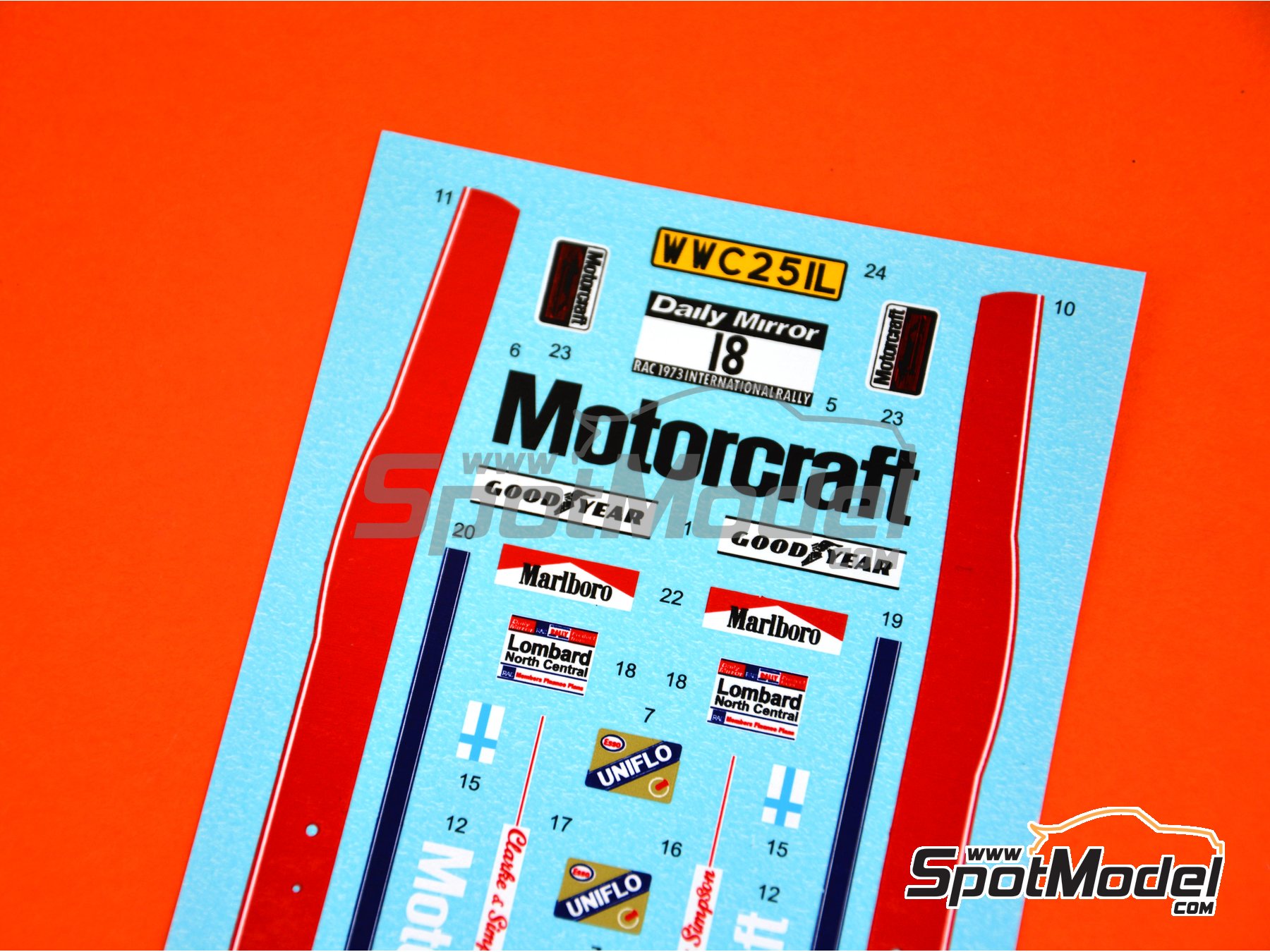 Image 3: Ford Escort RS1600 Mk I RS sponsored by Motorcraft - Great Britain RAC Rally 1973 | Marking / livery in 1/24 scale manufactured by Reji Model (ref.&nbsp;REJI-245, also 245)