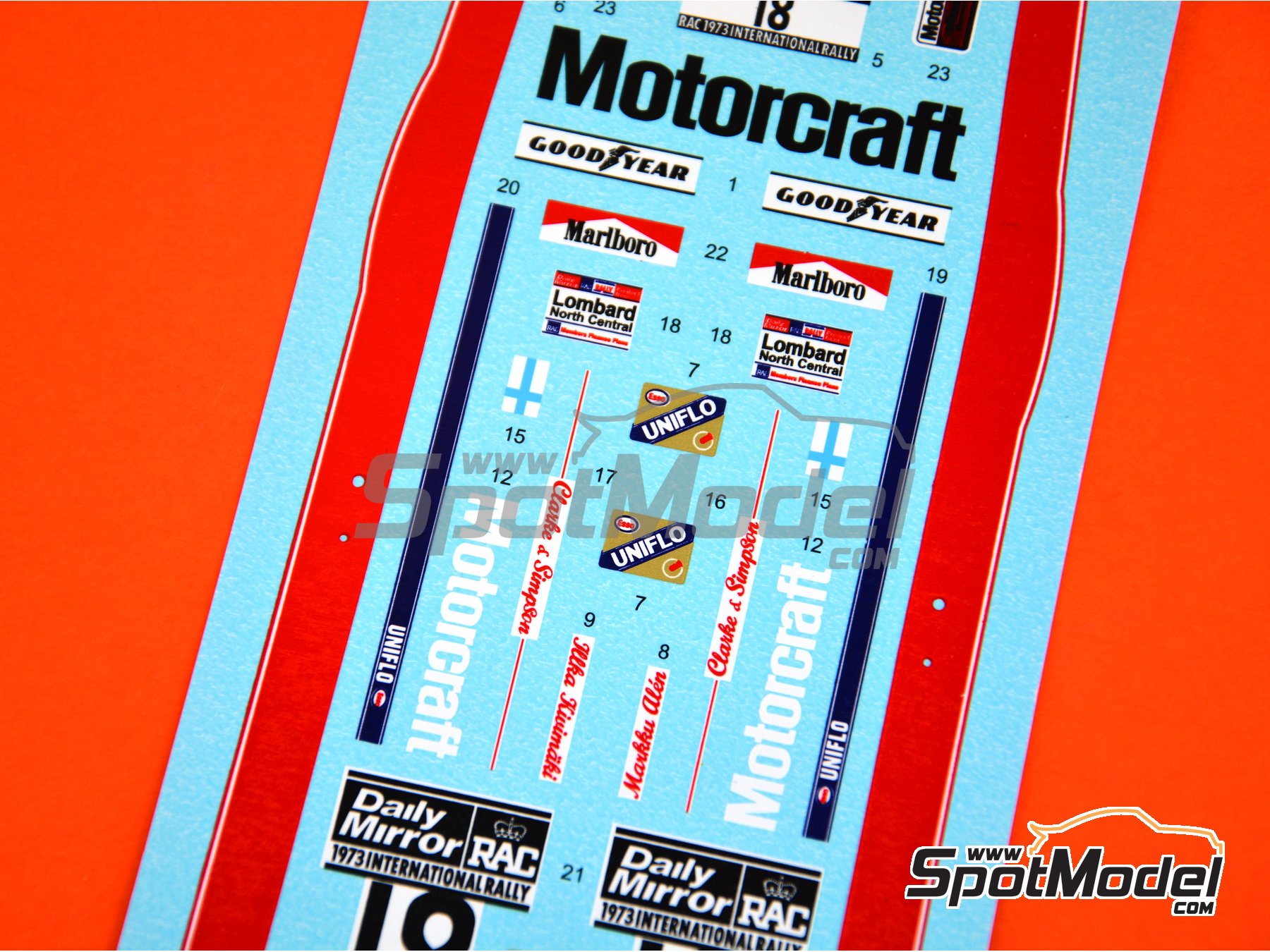 Image 4: Ford Escort RS1600 Mk I RS sponsored by Motorcraft - Great Britain RAC Rally 1973 | Marking / livery in 1/24 scale manufactured by Reji Model (ref.&nbsp;REJI-245, also 245)