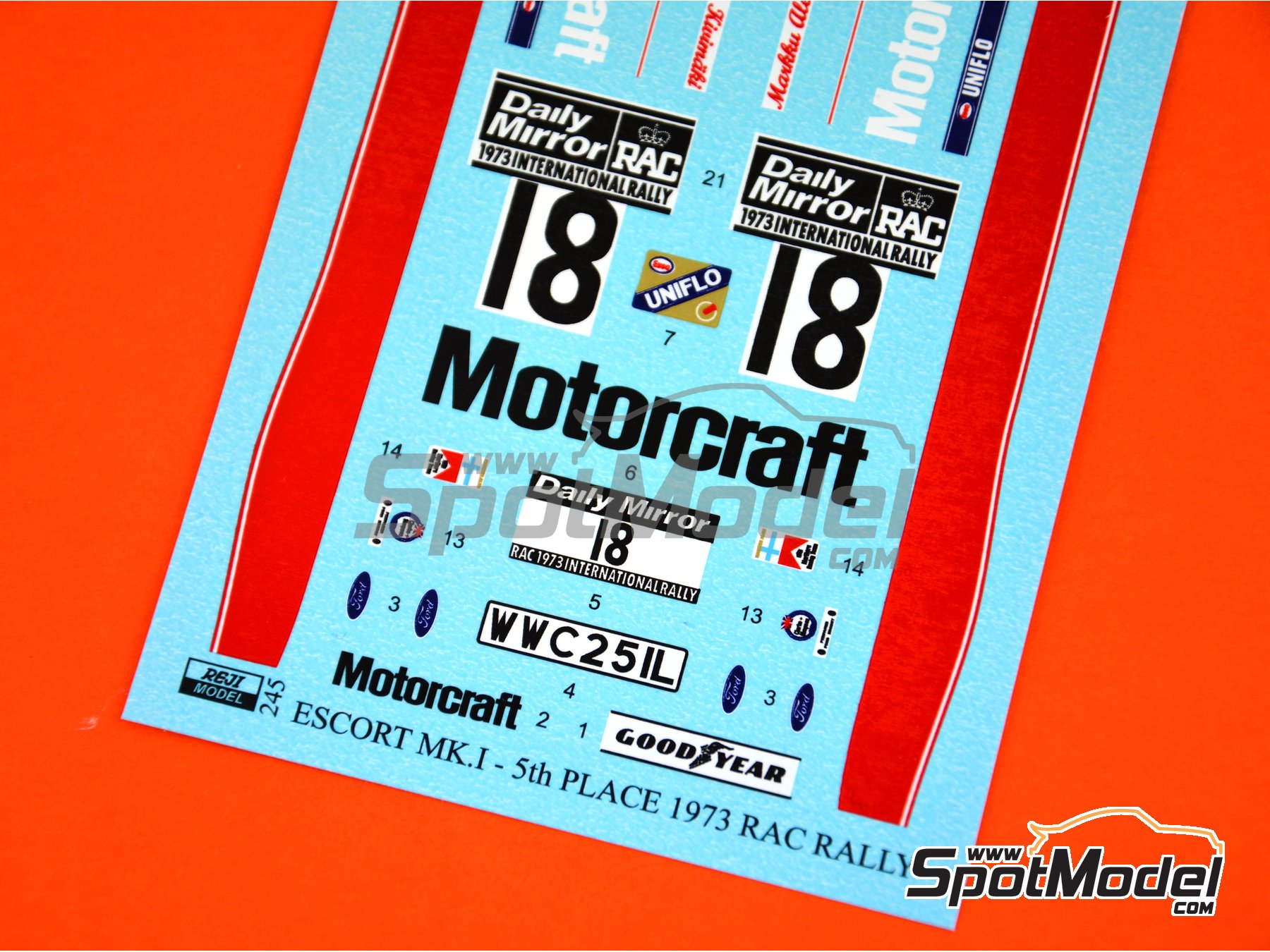 Image 5: Ford Escort RS1600 Mk I RS sponsored by Motorcraft - Great Britain RAC Rally 1973 | Marking / livery in 1/24 scale manufactured by Reji Model (ref.&nbsp;REJI-245, also 245)