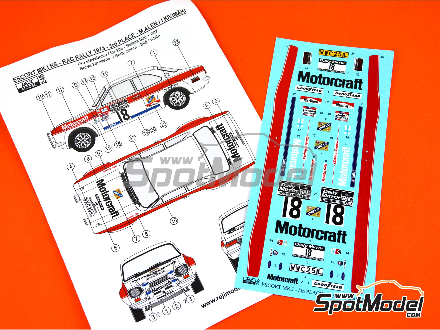 Image 6: Ford Escort RS1600 Mk I RS sponsored by Motorcraft - Great Britain RAC Rally 1973 | Marking / livery in 1/24 scale manufactured by Reji Model (ref.&nbsp;REJI-245, also 245)