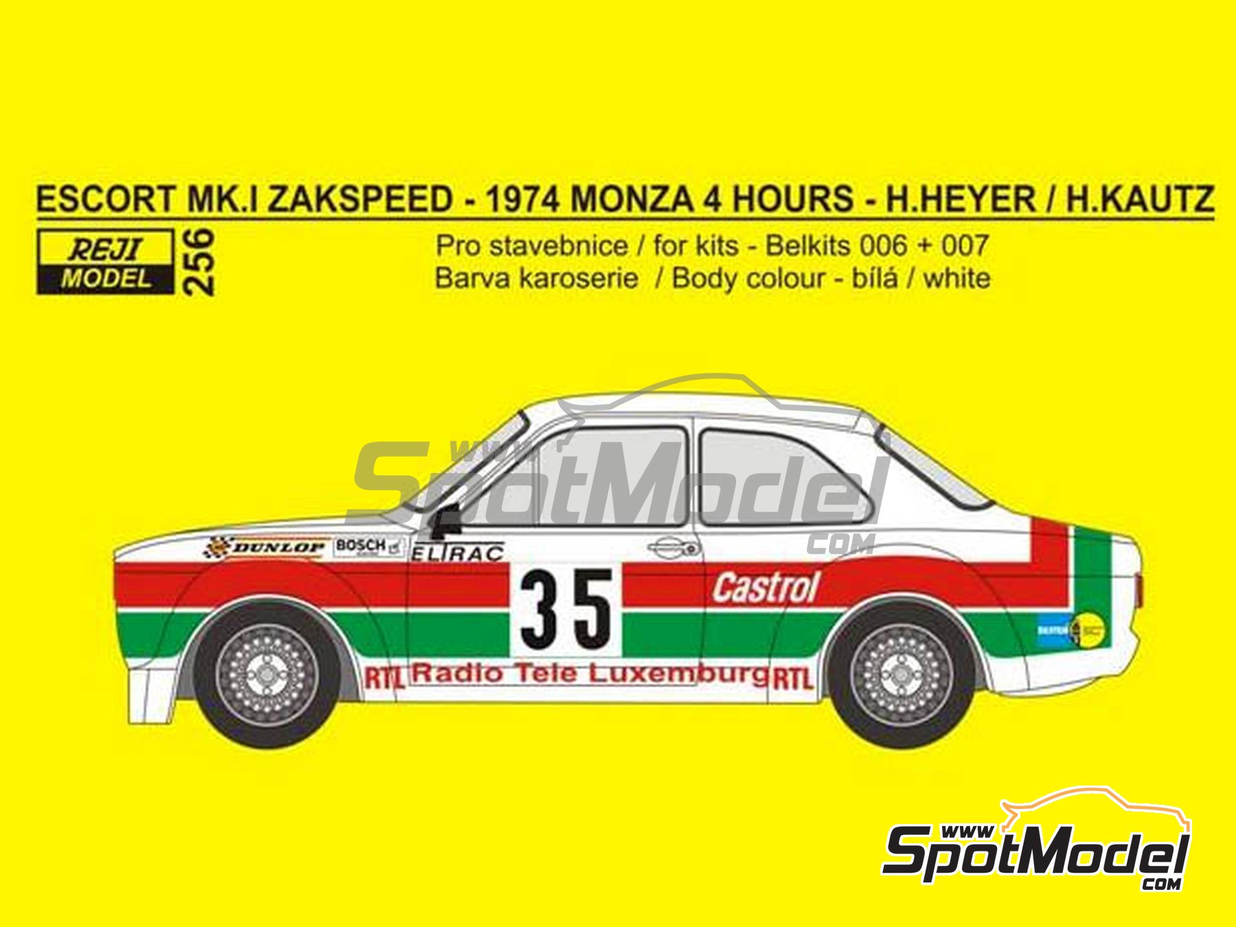 Image 1: Ford Escort Mk. I Zakspeed patrocinado por RTL, Castrol - 4 Horas de Monza 1974 | Decoraci&oacute;n en escala&nbsp;1/24 fabricado por Reji Model (ref.&nbsp;REJI-256, tambien 256)