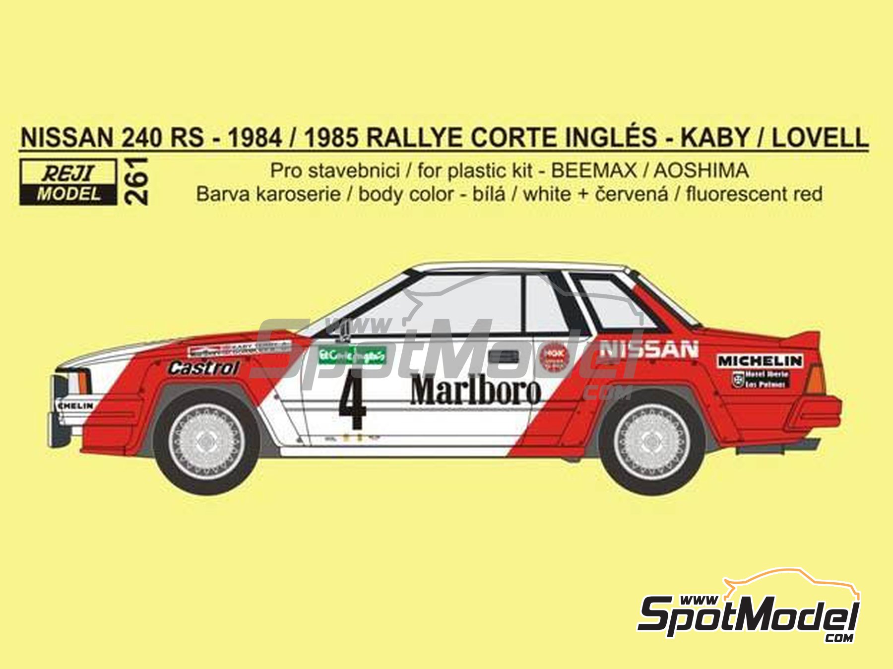 Image 1: Nissan 240RS BS110 Group B sponsored by Marlboro - El Corte Ingles Rally Islas Canarias 1984 and 1985 | Marking / livery in 1/24 scale manufactured by Reji Model (ref.&nbsp;REJI-261, also 261)