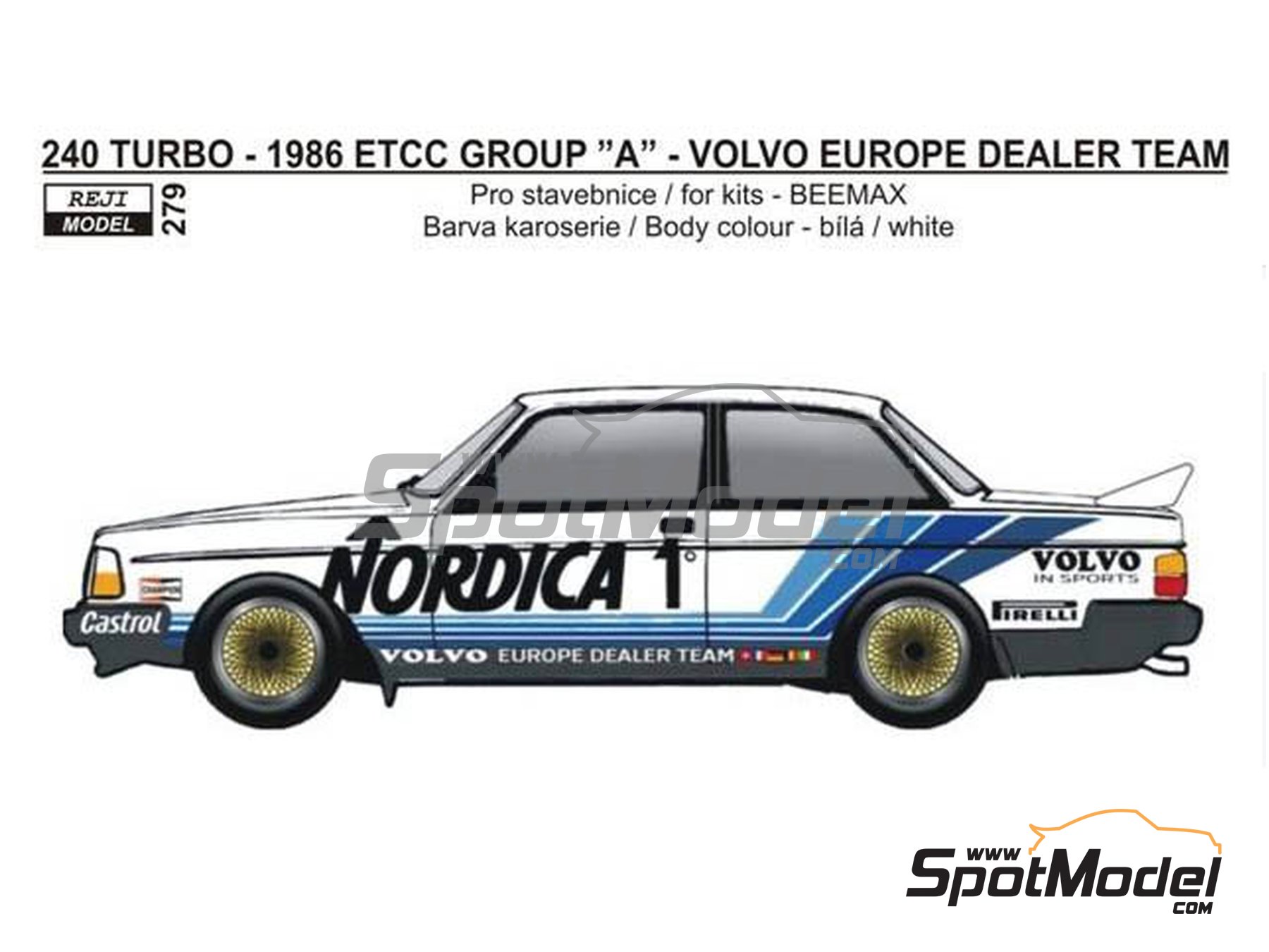Image 1: Volvo 240 Turbo RAS Sport Volvo Europe Dealer Team sponsored by Nordica - European Touring Car Championship ETCC 1986 | Marking / livery in 1/24 scale manufactured by Reji Model (ref.&nbsp;REJI-279, also 279)