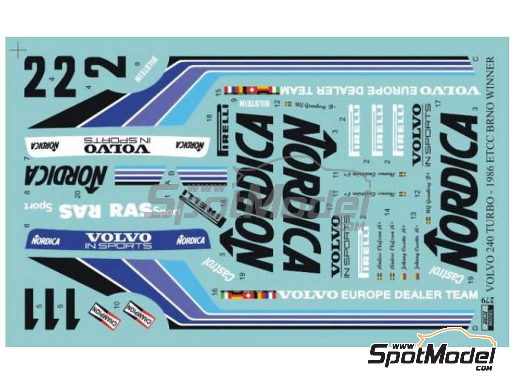 Image 4: Volvo 240 Turbo RAS Sport Volvo Europe Dealer Team sponsored by Nordica - European Touring Car Championship ETCC 1986 | Marking / livery in 1/24 scale manufactured by Reji Model (ref.&nbsp;REJI-279, also 279)