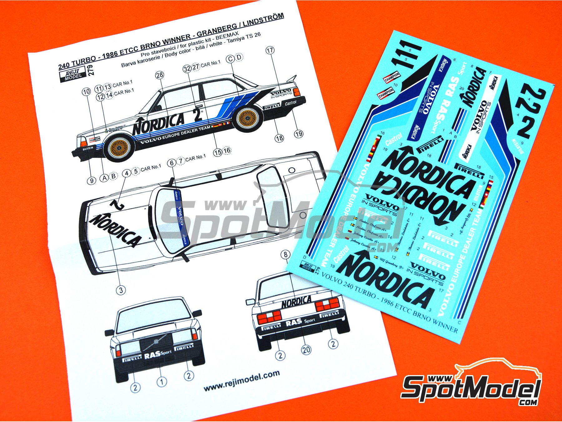 Image 9: Volvo 240 Turbo RAS Sport Volvo Europe Dealer Team sponsored by Nordica - European Touring Car Championship ETCC 1986 | Marking / livery in 1/24 scale manufactured by Reji Model (ref.&nbsp;REJI-279, also 279)