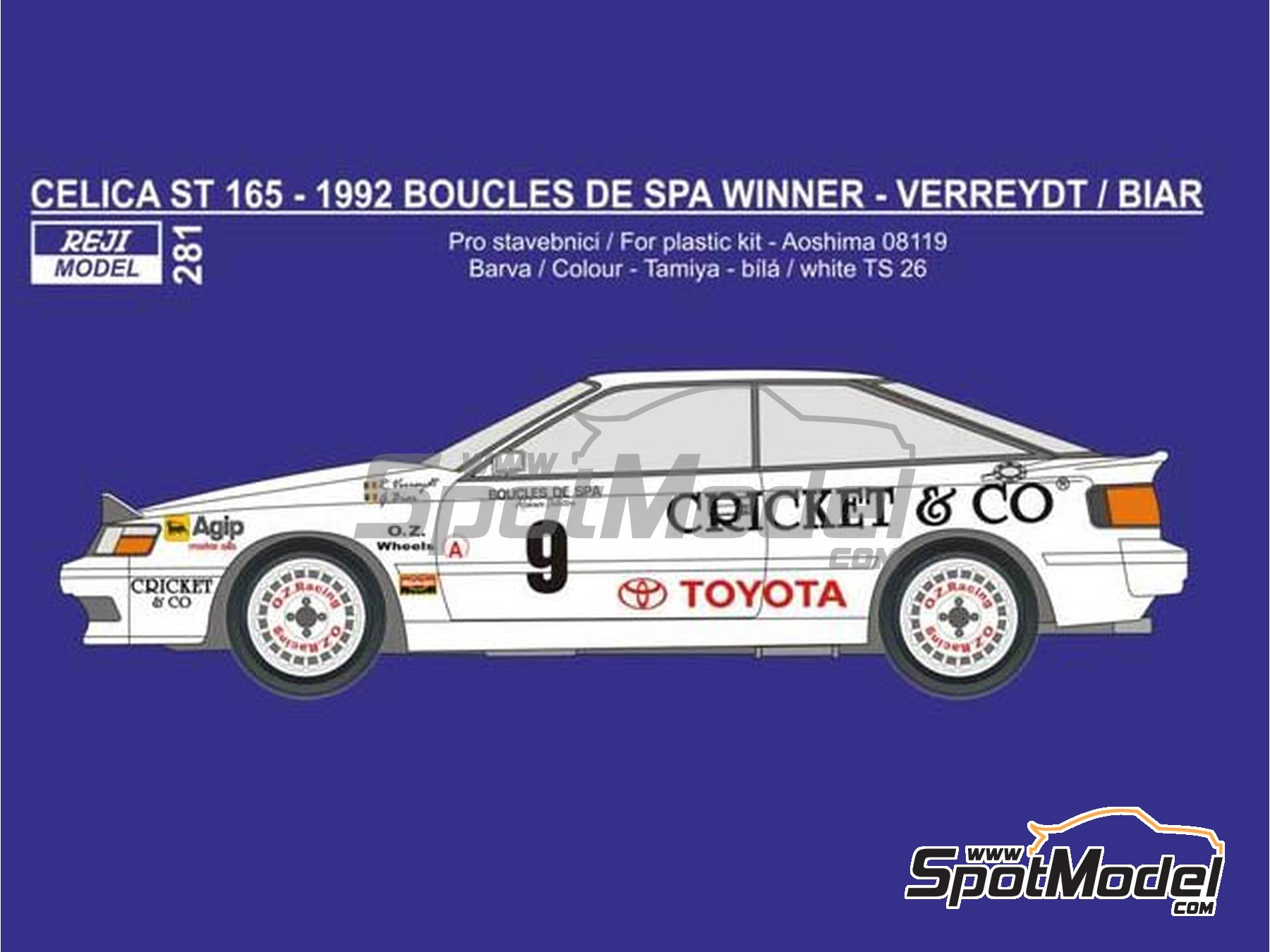 Image 1: Toyota Celica GT-Four ST165 sponsored by Cricket & Co - Boucles de SPA 1992 | Marking / livery in 1/24 scale manufactured by Reji Model (ref. REJI-281, also 281)