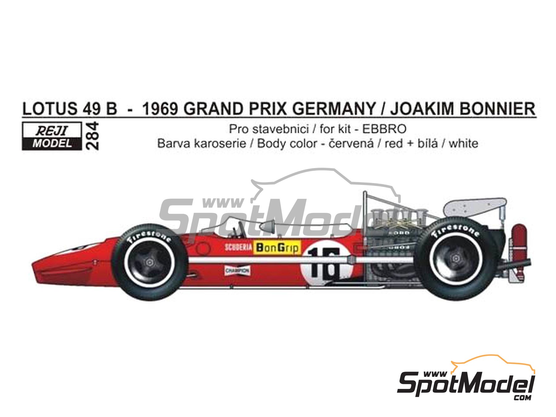 Image 1: Lotus Ford Type 49B Equipo Scuderia BonGrip - Gran Premio de F&oacute;rmula 1 de Alemania 1969 | Decoraci&oacute;n en escala&nbsp;1/20 fabricado por Reji Model (ref.&nbsp;REJI-284, tambien 284)
