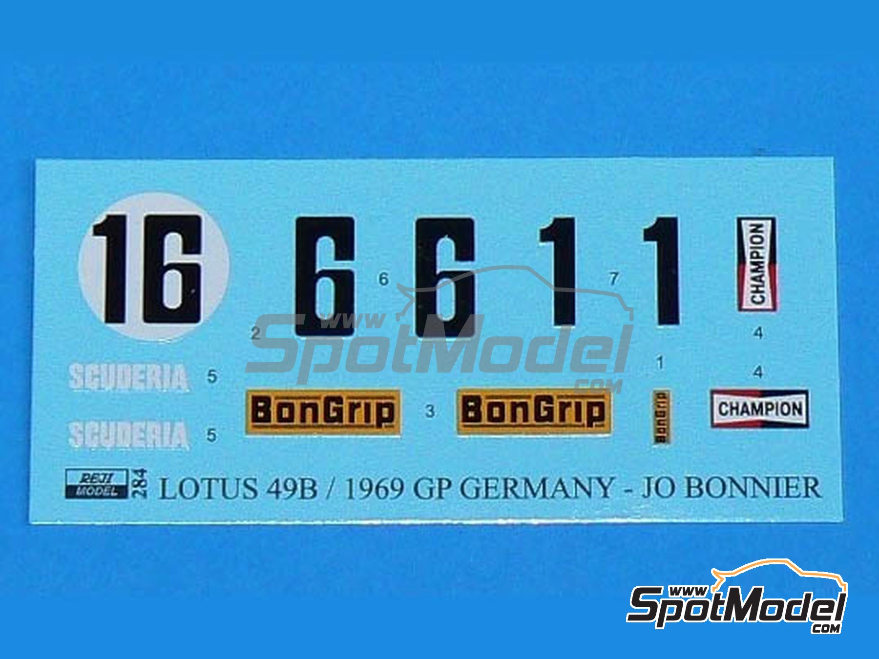 Image 3: Lotus Ford Type 49B Equipo Scuderia BonGrip - Gran Premio de F&oacute;rmula 1 de Alemania 1969 | Decoraci&oacute;n en escala&nbsp;1/20 fabricado por Reji Model (ref.&nbsp;REJI-284, tambien 284)