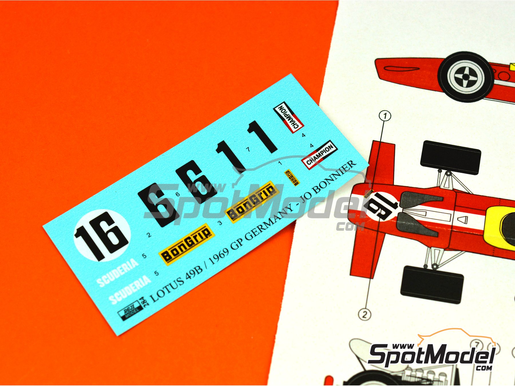 Image 4: Lotus Ford Type 49B Equipo Scuderia BonGrip - Gran Premio de F&oacute;rmula 1 de Alemania 1969 | Decoraci&oacute;n en escala&nbsp;1/20 fabricado por Reji Model (ref.&nbsp;REJI-284, tambien 284)