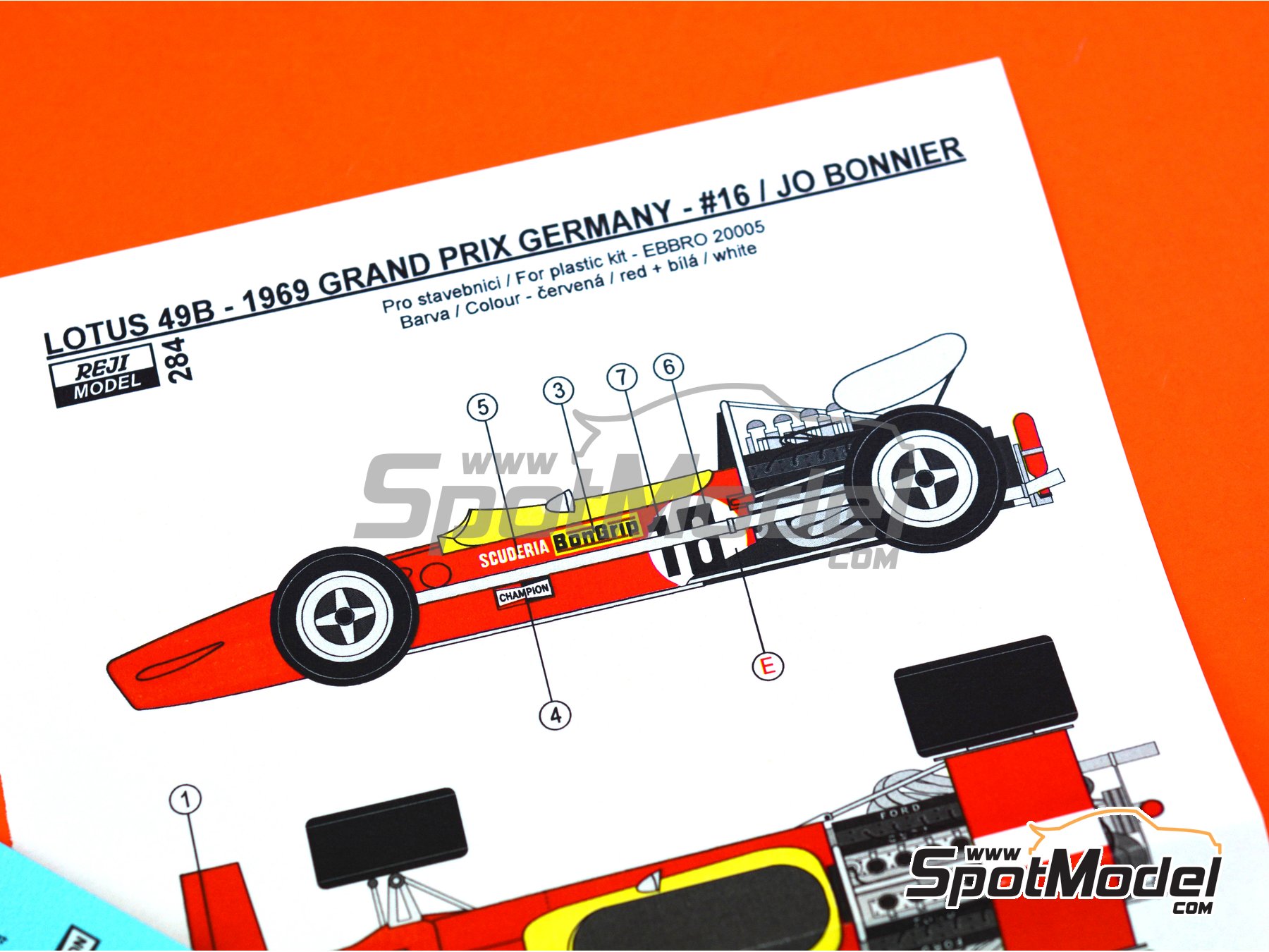 Image 5: Lotus Ford Type 49B Equipo Scuderia BonGrip - Gran Premio de F&oacute;rmula 1 de Alemania 1969 | Decoraci&oacute;n en escala&nbsp;1/20 fabricado por Reji Model (ref.&nbsp;REJI-284, tambien 284)