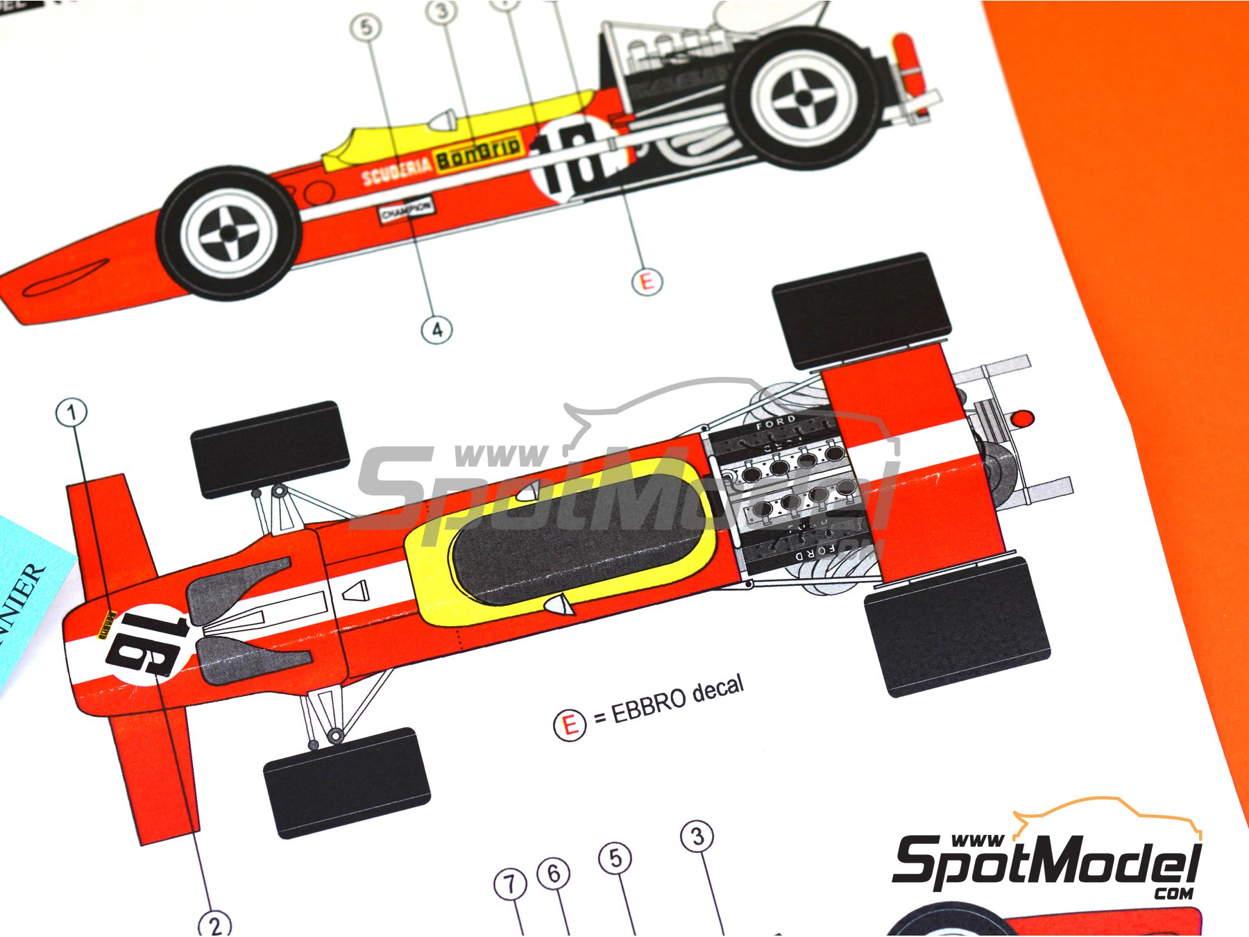 Image 6: Lotus Ford Type 49B Equipo Scuderia BonGrip - Gran Premio de F&oacute;rmula 1 de Alemania 1969 | Decoraci&oacute;n en escala&nbsp;1/20 fabricado por Reji Model (ref.&nbsp;REJI-284, tambien 284)