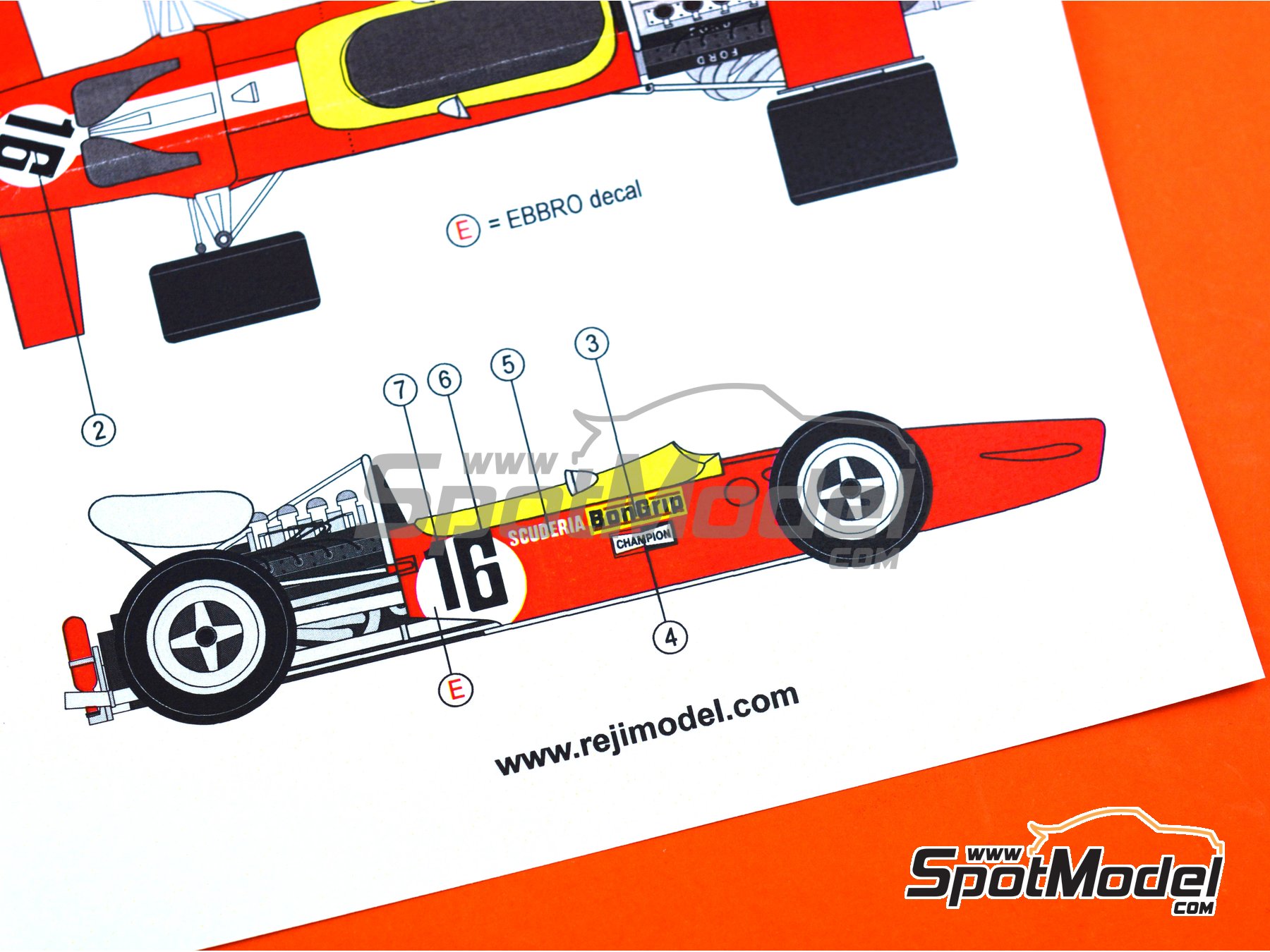Image 7: Lotus Ford Type 49B Equipo Scuderia BonGrip - Gran Premio de F&oacute;rmula 1 de Alemania 1969 | Decoraci&oacute;n en escala&nbsp;1/20 fabricado por Reji Model (ref.&nbsp;REJI-284, tambien 284)