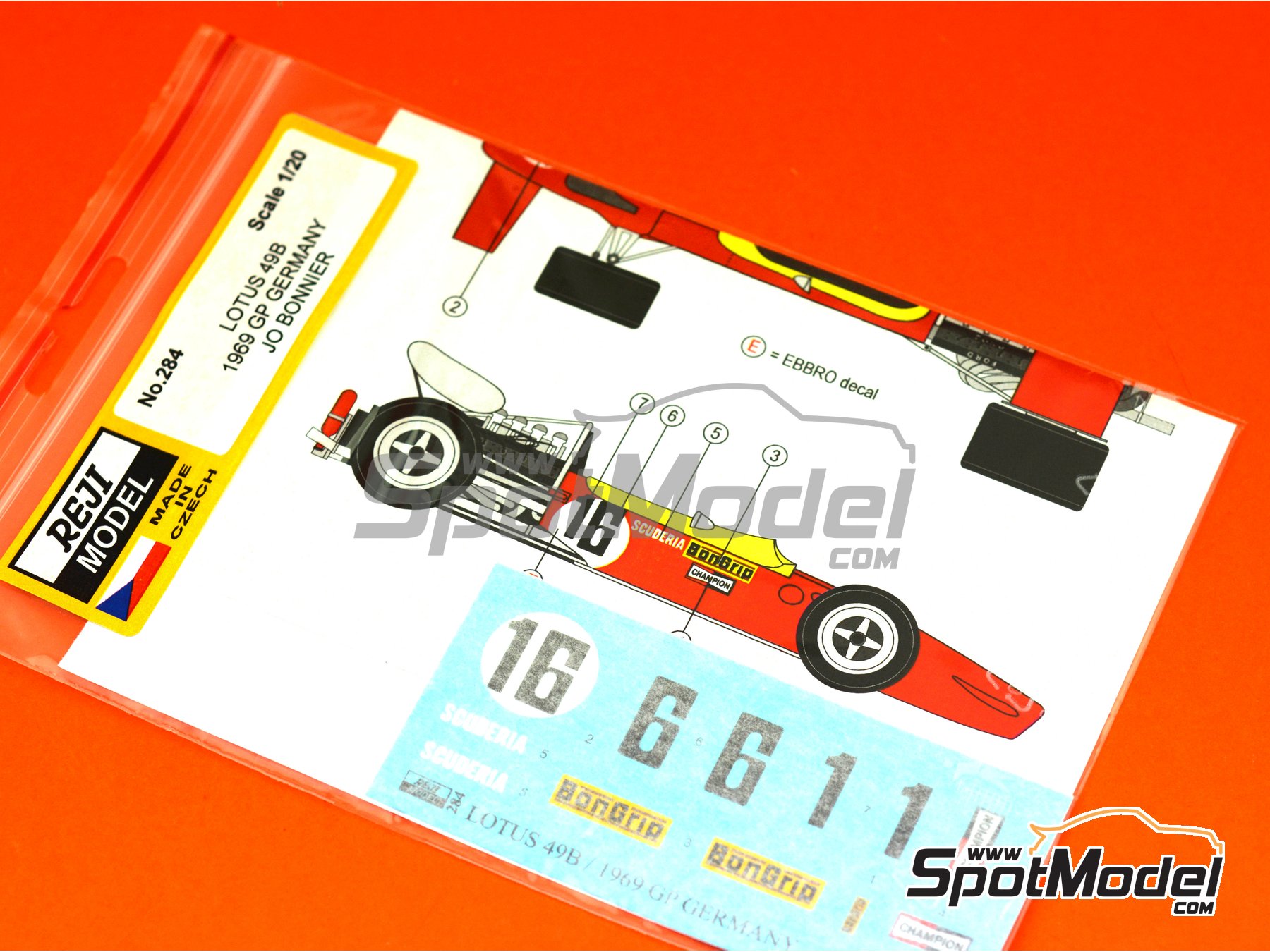 Image 8: Lotus Ford Type 49B Equipo Scuderia BonGrip - Gran Premio de F&oacute;rmula 1 de Alemania 1969 | Decoraci&oacute;n en escala&nbsp;1/20 fabricado por Reji Model (ref.&nbsp;REJI-284, tambien 284)
