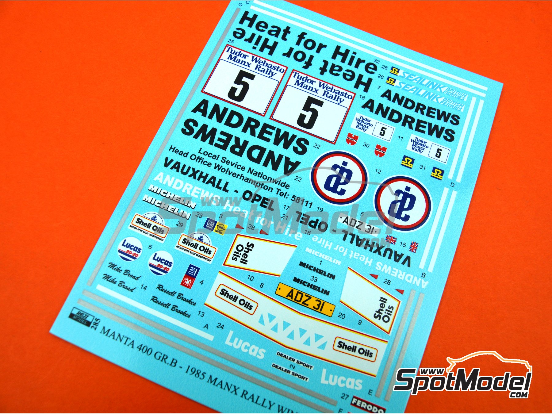 Image 5: Opel Manta 400 Group B sponsored by Andrews Heat for hire - Tudor Webasto Manx International Rally 1985 | Marking / livery in 1/24 scale manufactured by Reji Model (ref.&nbsp;REJI-285, also 285)