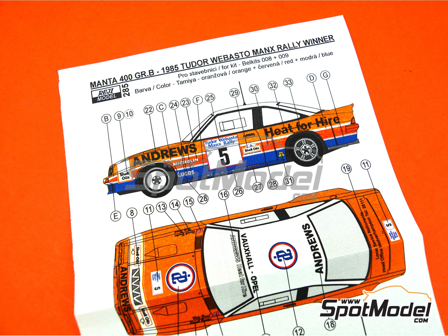 Image 6: Opel Manta 400 Group B sponsored by Andrews Heat for hire - Tudor Webasto Manx International Rally 1985 | Marking / livery in 1/24 scale manufactured by Reji Model (ref.&nbsp;REJI-285, also 285)