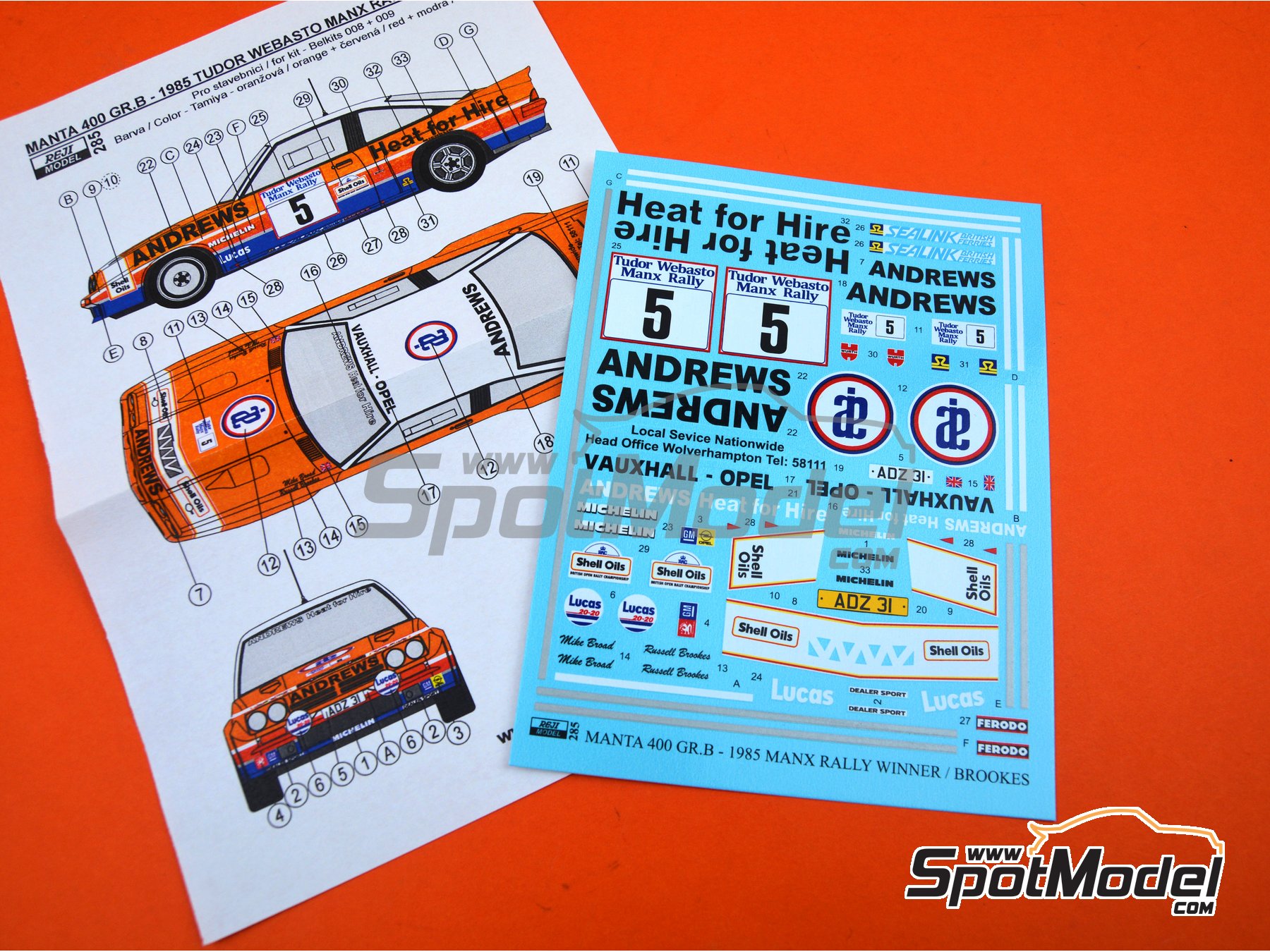 Image 8: Opel Manta 400 Group B sponsored by Andrews Heat for hire - Tudor Webasto Manx International Rally 1985 | Marking / livery in 1/24 scale manufactured by Reji Model (ref.&nbsp;REJI-285, also 285)