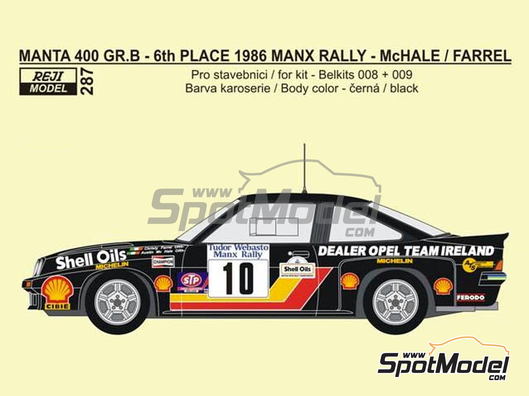 Image 1: Opel Manta 400 Group B Dealer Opel Ireland Team sponsored by Dealer Opel Ireland - Tudor Webasto Manx International Rally 1986 | Marking / livery in 1/24 scale manufactured by Reji Model (ref.&nbsp;REJI-287, also 287)