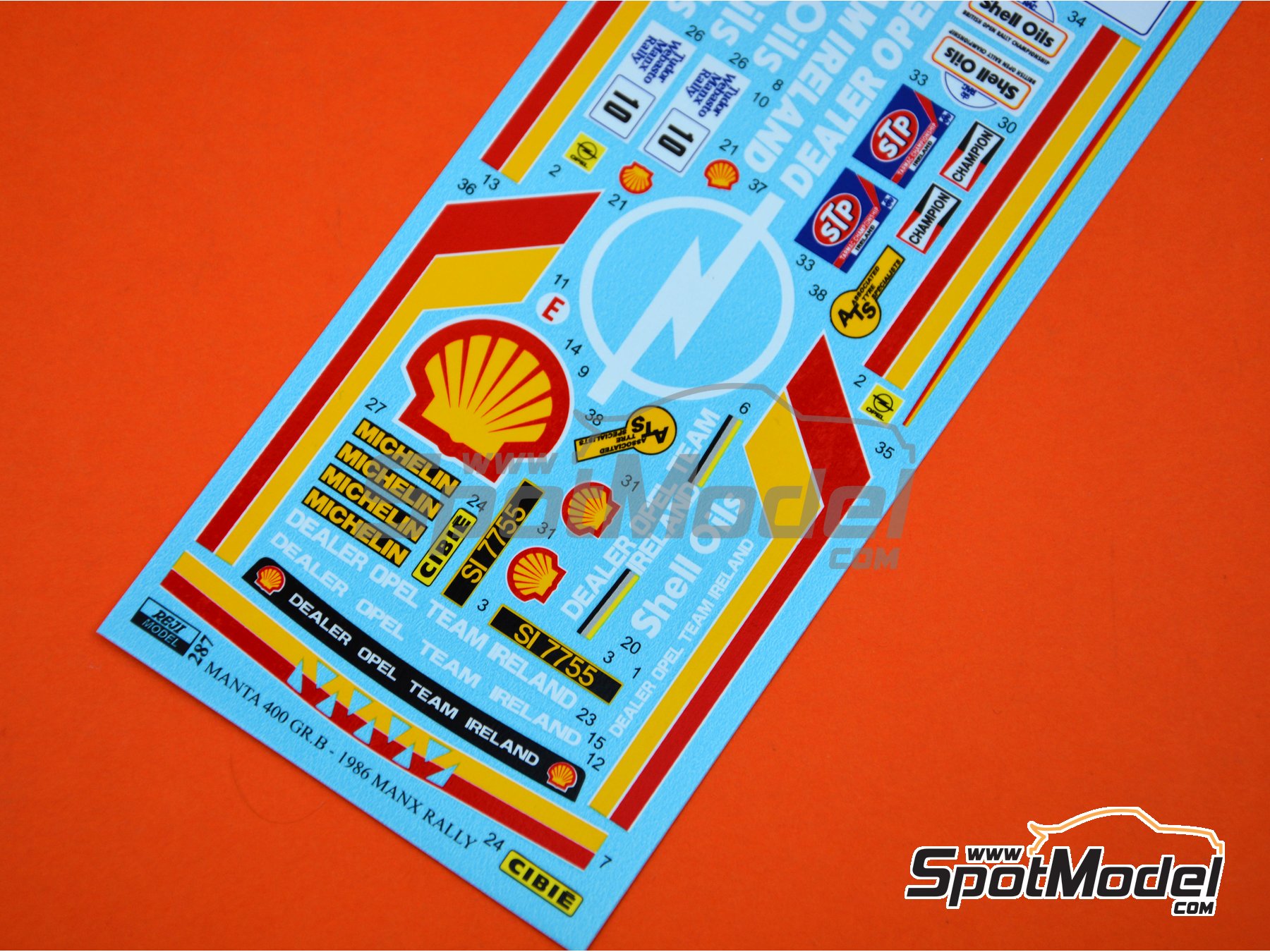 Image 3: Opel Manta 400 Group B Dealer Opel Ireland Team sponsored by Dealer Opel Ireland - Tudor Webasto Manx International Rally 1986 | Marking / livery in 1/24 scale manufactured by Reji Model (ref.&nbsp;REJI-287, also 287)