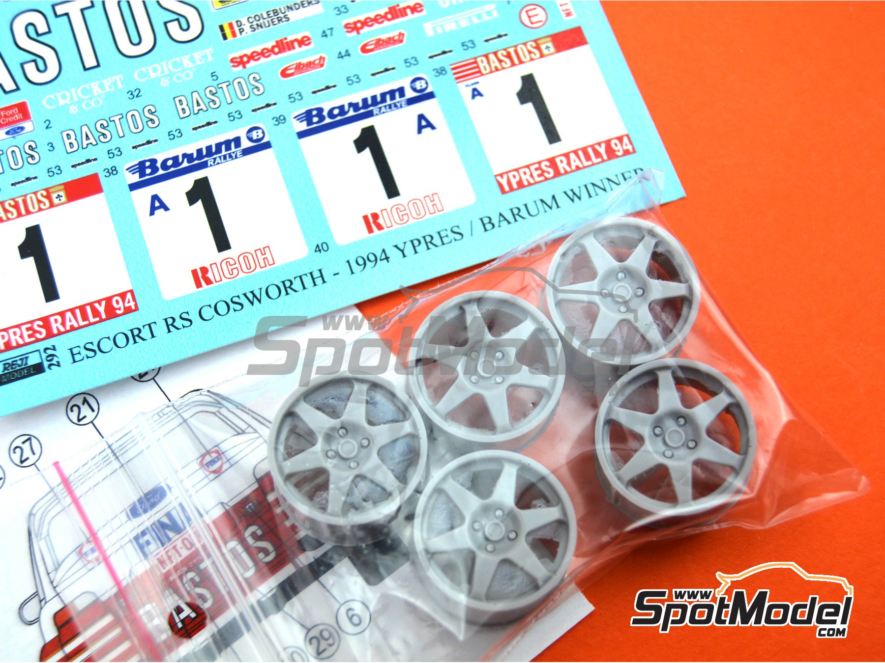 Image 7: Ford Escort RS Cosworth sponsored by Bastos - Barum Czech Rally, Ypres Rally 1994 | Marking / livery in 1/24 scale manufactured by Reji Model (ref.&nbsp;REJI-292, also 292)