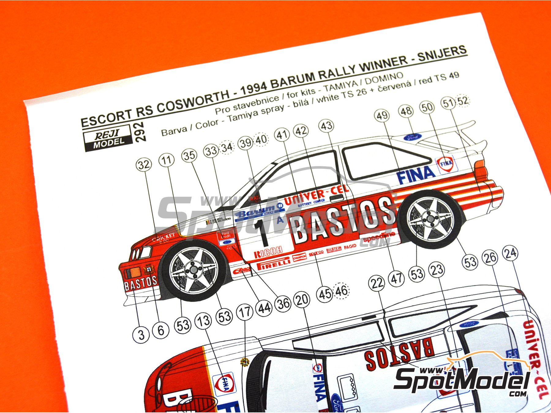 Image 9: Ford Escort RS Cosworth sponsored by Bastos - Barum Czech Rally, Ypres Rally 1994 | Marking / livery in 1/24 scale manufactured by Reji Model (ref.&nbsp;REJI-292, also 292)