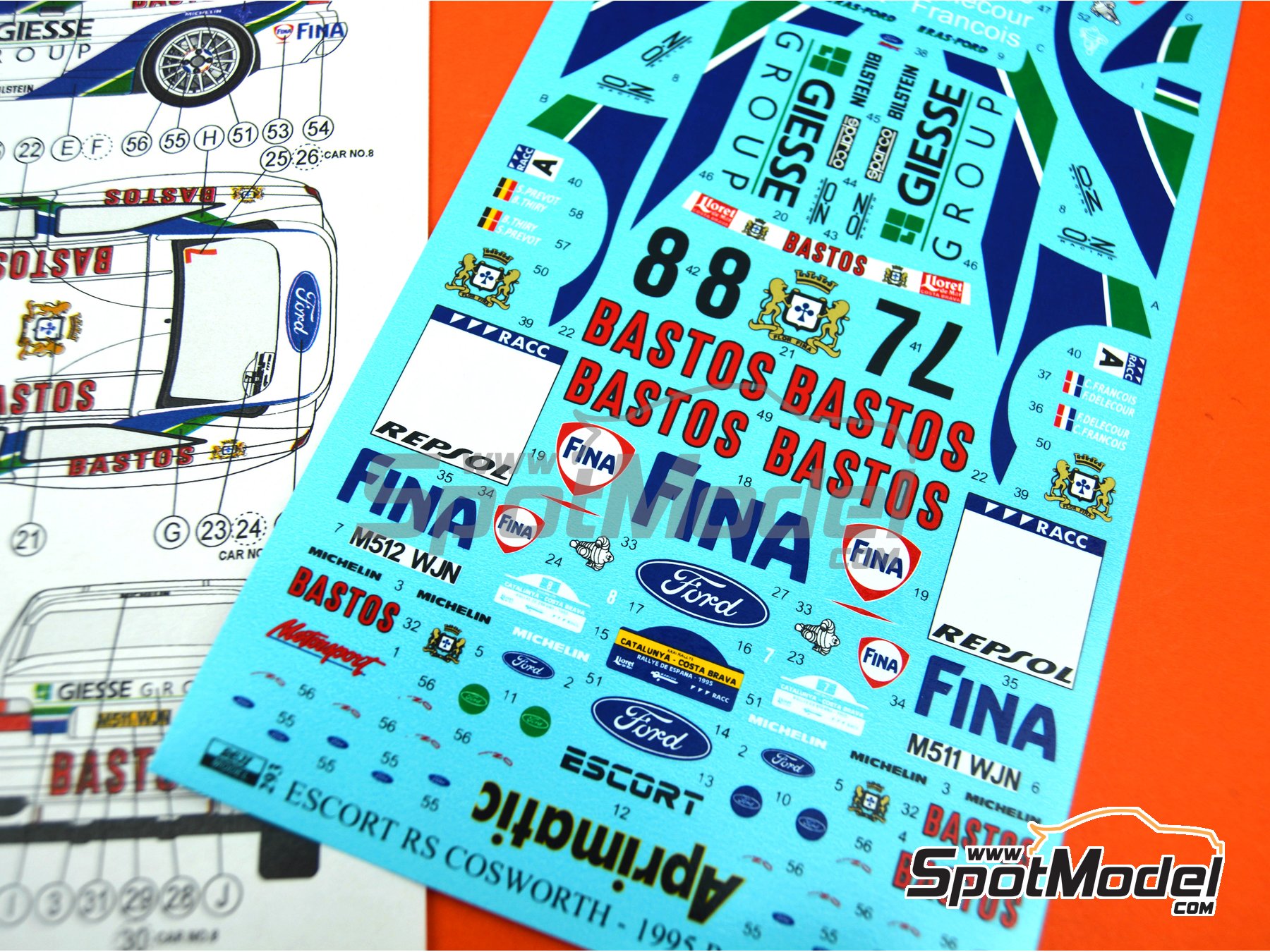 Image 11: Ford Escort RS Cosworth R.A.S. Ford Team sponsored by Giesse Group - Catalunya Costa Brava Rally - Rally of Spain 1995 | Marking / livery in 1/24 scale manufactured by Reji Model (ref.&nbsp;REJI-293, also 293 and 0293)