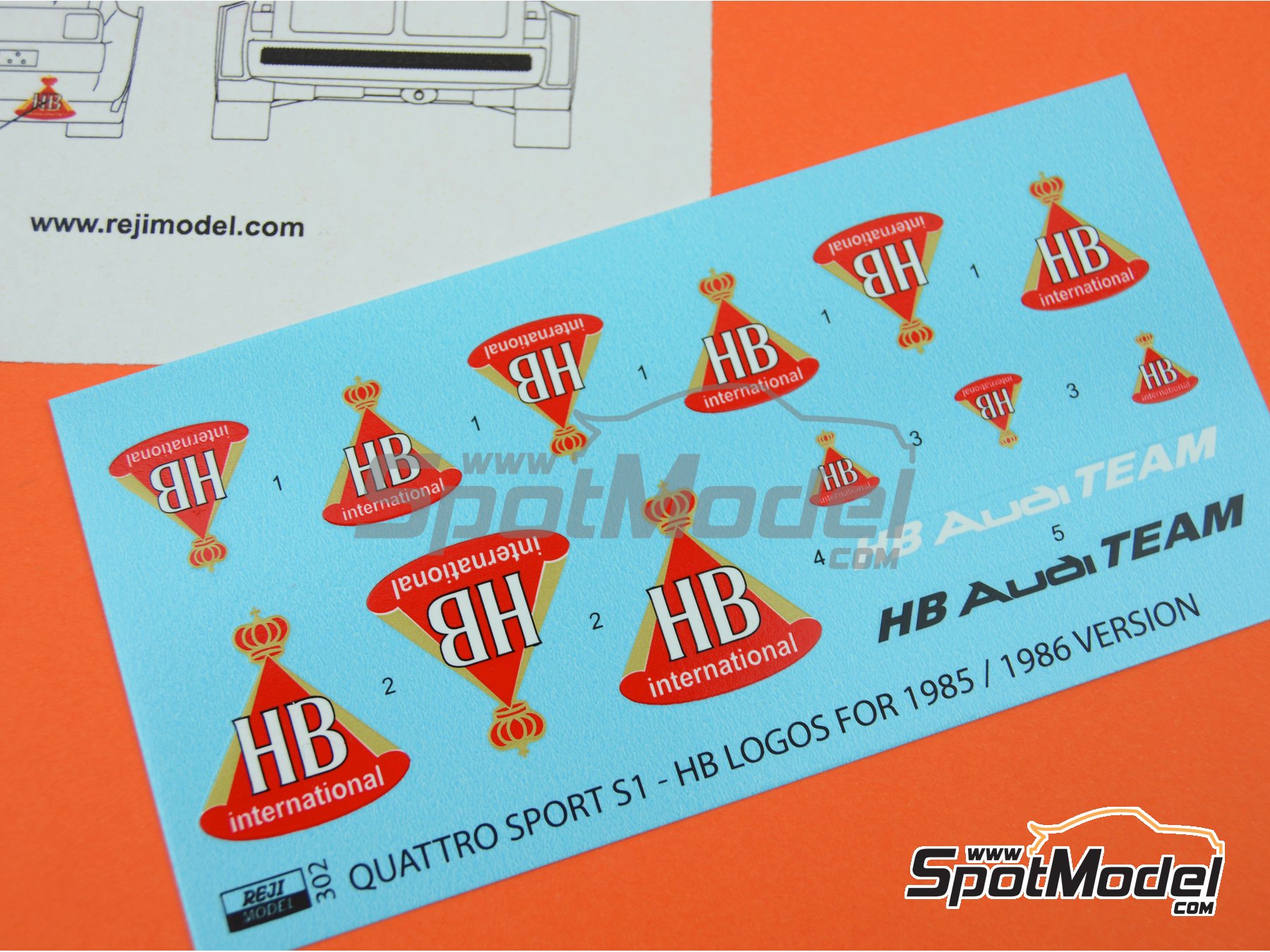 Image 2: Audi Quattro Sport S1 Group B Audi Team Team sponsored by HB International -  1985 and 1986 | Logotypes in 1/24 scale manufactured by Reji Model (ref.&nbsp;REJI-302, also 302)