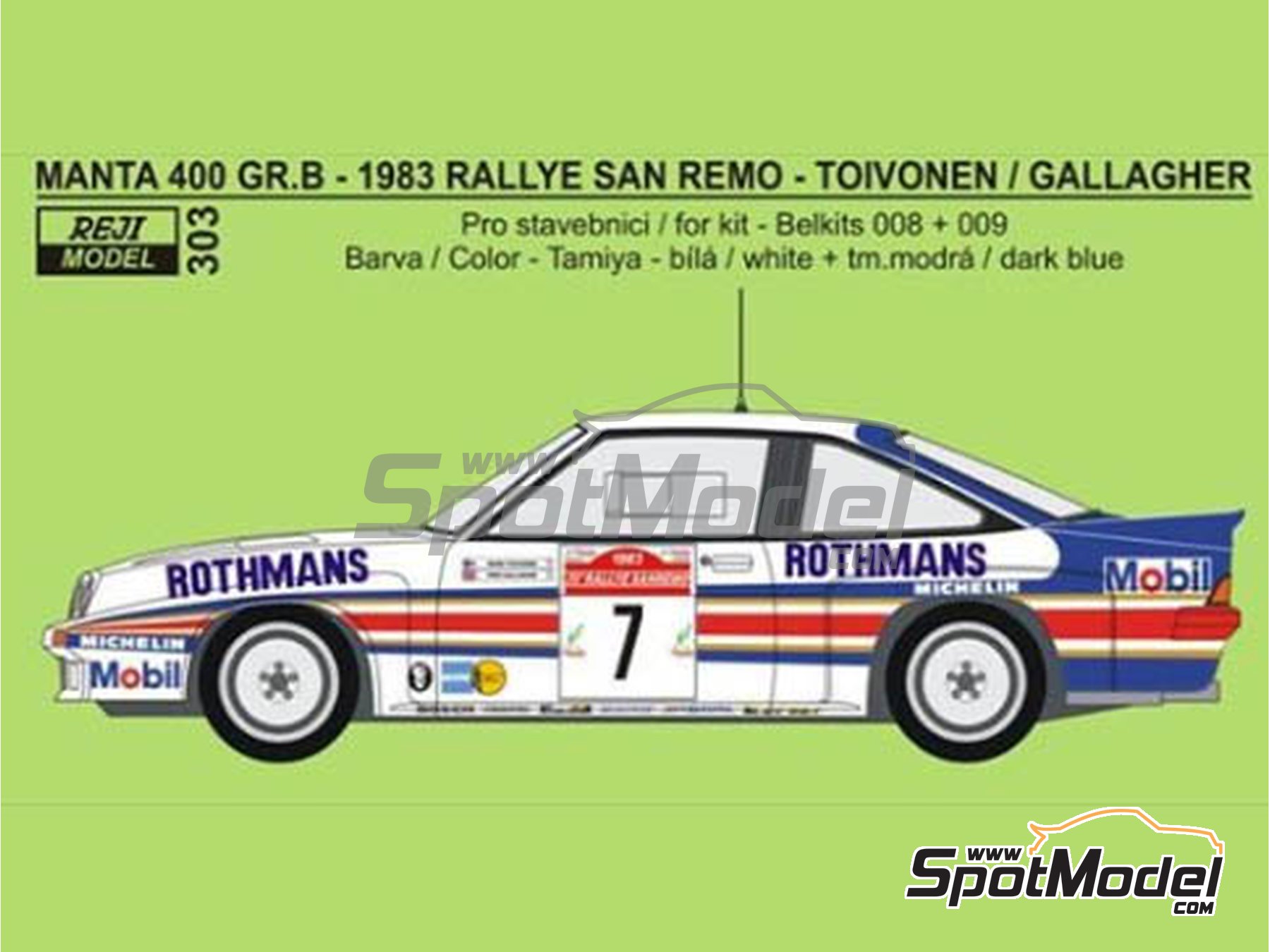 Image 2: Opel Manta Group B sponsored by Rothmans - Sanremo Rally 1983 | Marking / livery in 1/24 scale manufactured by Reji Model (ref.&nbsp;REJI-303, also 303 and 0303)