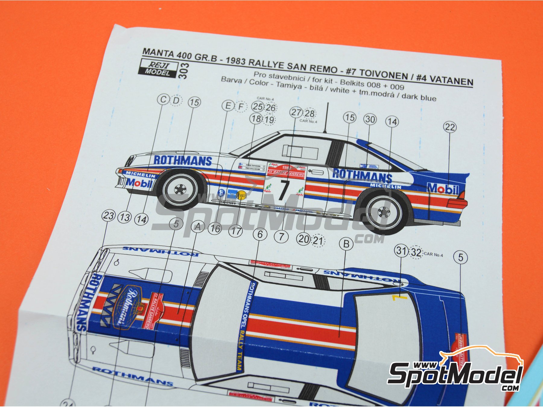 Image 3: Opel Manta Group B sponsored by Rothmans - Sanremo Rally 1983 | Marking / livery in 1/24 scale manufactured by Reji Model (ref.&nbsp;REJI-303, also 303 and 0303)