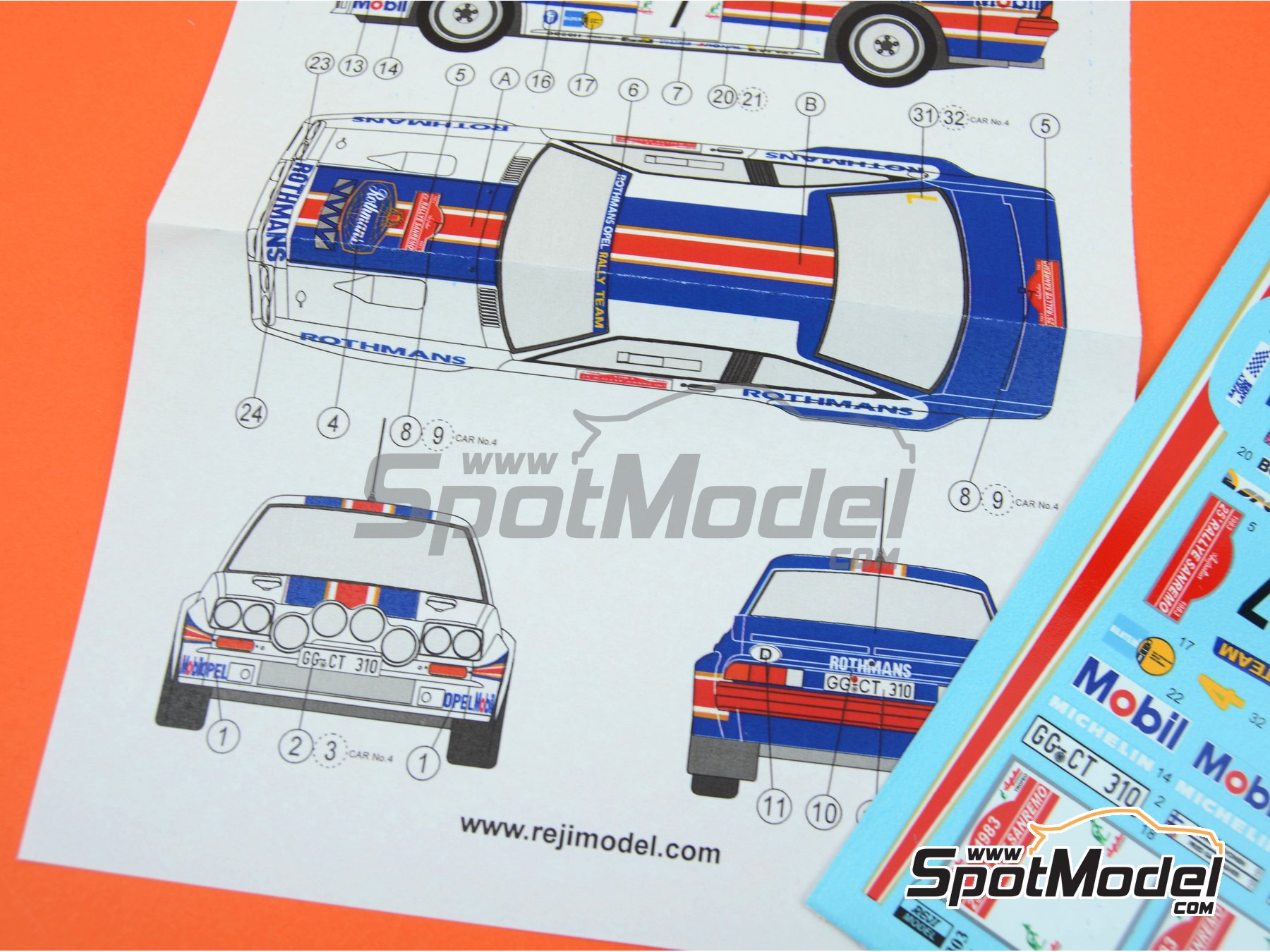 Image 4: Opel Manta Group B sponsored by Rothmans - Sanremo Rally 1983 | Marking / livery in 1/24 scale manufactured by Reji Model (ref.&nbsp;REJI-303, also 303 and 0303)