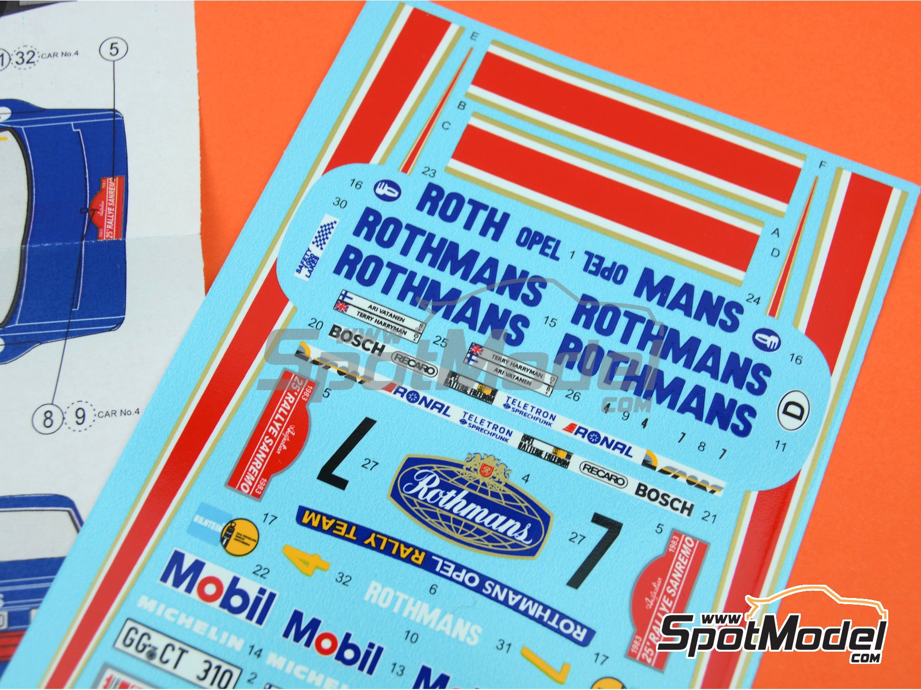 Image 5: Opel Manta Group B sponsored by Rothmans - Sanremo Rally 1983 | Marking / livery in 1/24 scale manufactured by Reji Model (ref.&nbsp;REJI-303, also 303 and 0303)