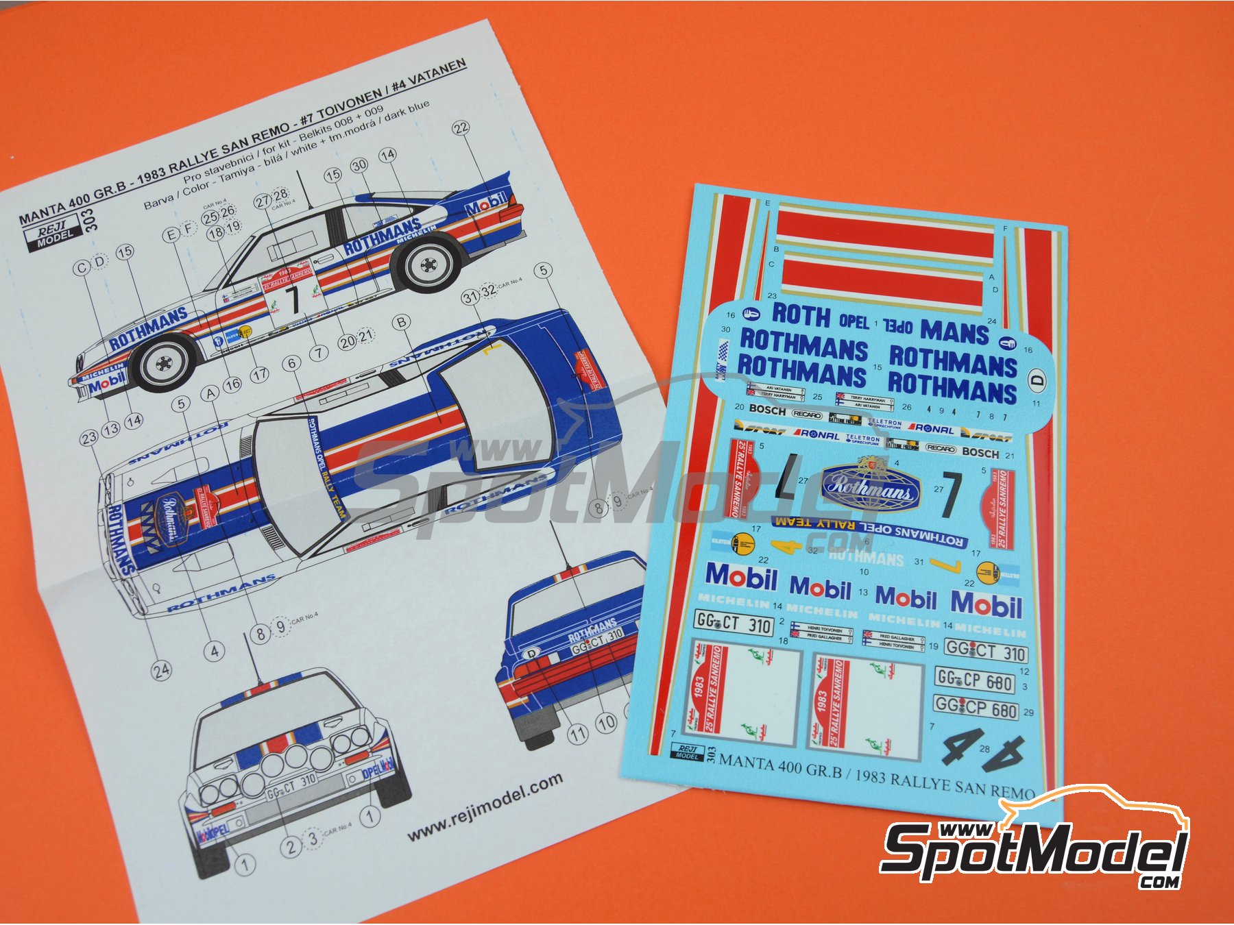 Image 7: Opel Manta Group B sponsored by Rothmans - Sanremo Rally 1983 | Marking / livery in 1/24 scale manufactured by Reji Model (ref.&nbsp;REJI-303, also 303 and 0303)