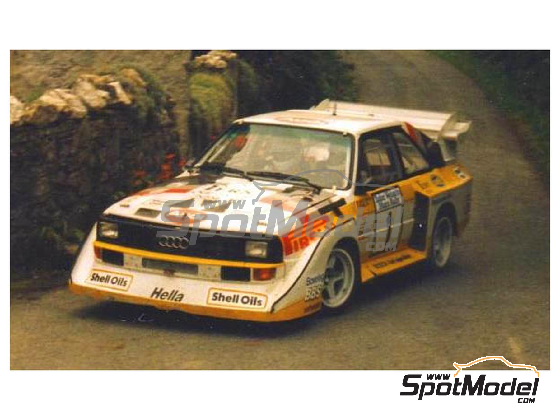 Image 1: Audi Sport Quattro S1 E2 Audi Sport UK Team sponsored by Pirelli - Tudor Webasto Manx International Rally 1985 | Marking / livery in 1/24 scale manufactured by Reji Model (ref. REJI-304, also 304)
