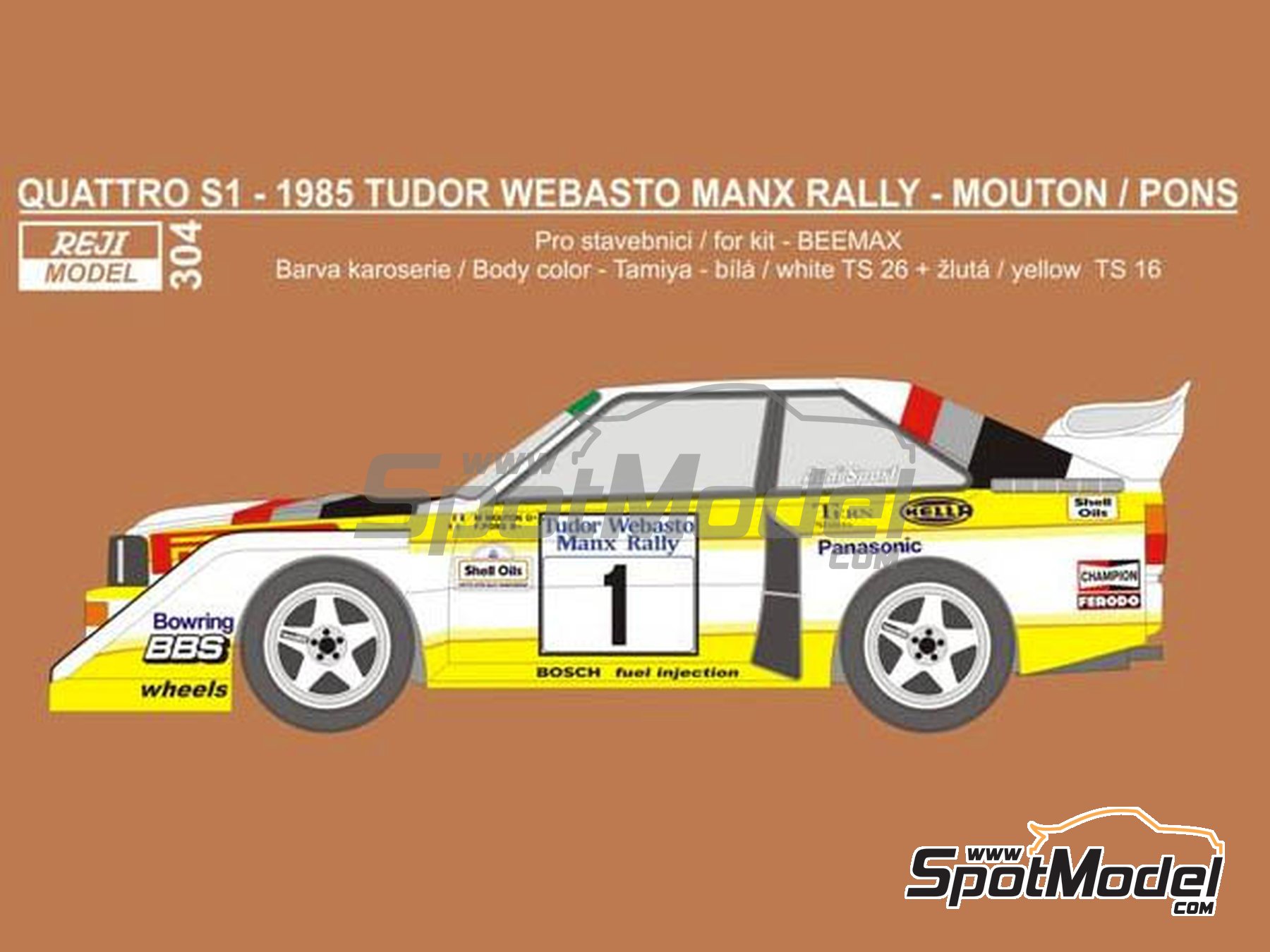 Image 2: Audi Sport Quattro S1 E2 Audi Sport UK Team sponsored by Pirelli - Tudor Webasto Manx International Rally 1985 | Marking / livery in 1/24 scale manufactured by Reji Model (ref. REJI-304, also 304)