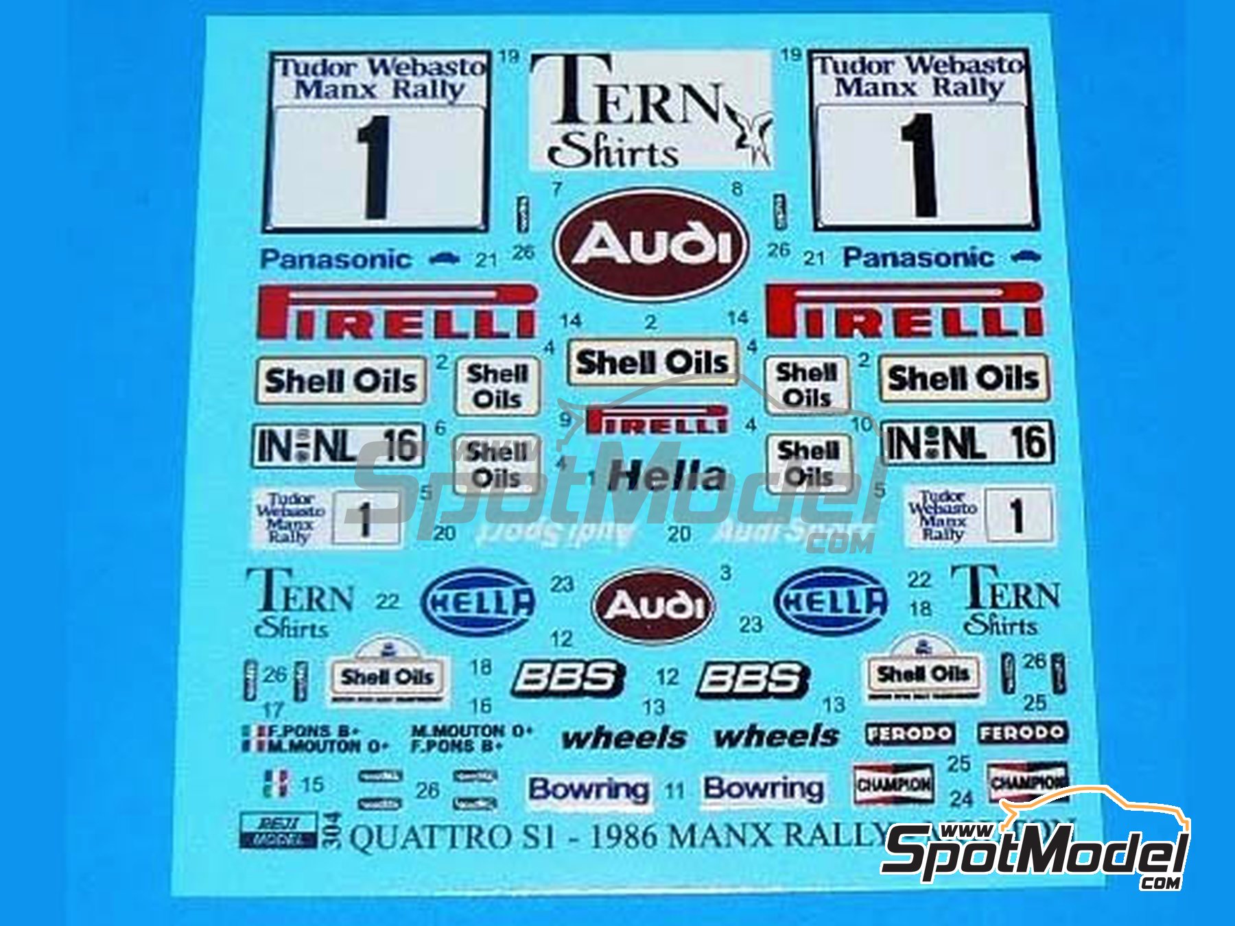 Image 3: Audi Sport Quattro S1 E2 Audi Sport UK Team sponsored by Pirelli - Tudor Webasto Manx International Rally 1985 | Marking / livery in 1/24 scale manufactured by Reji Model (ref. REJI-304, also 304)