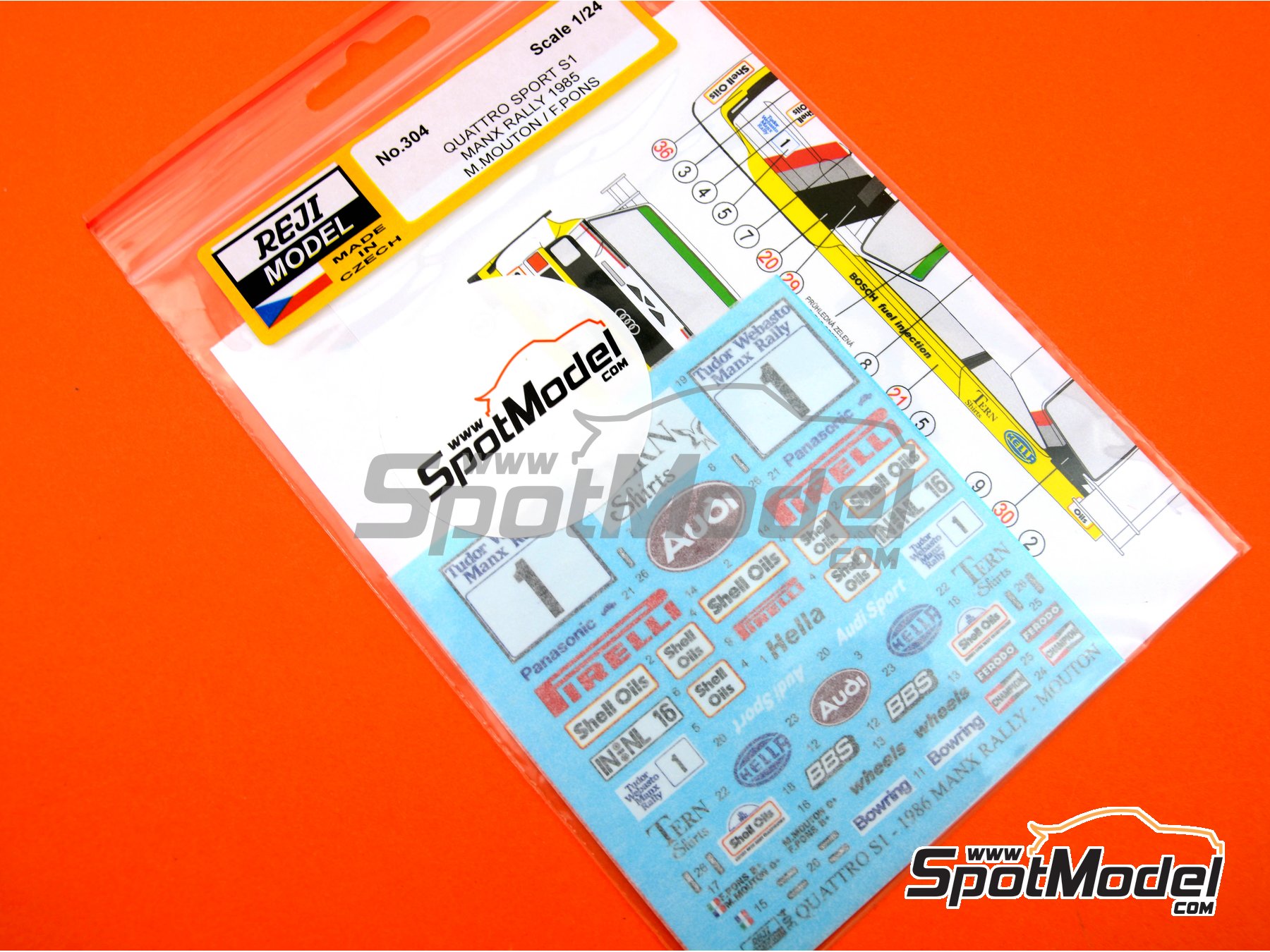 Image 4: Audi Sport Quattro S1 E2 Audi Sport UK Team sponsored by Pirelli - Tudor Webasto Manx International Rally 1985 | Marking / livery in 1/24 scale manufactured by Reji Model (ref. REJI-304, also 304)